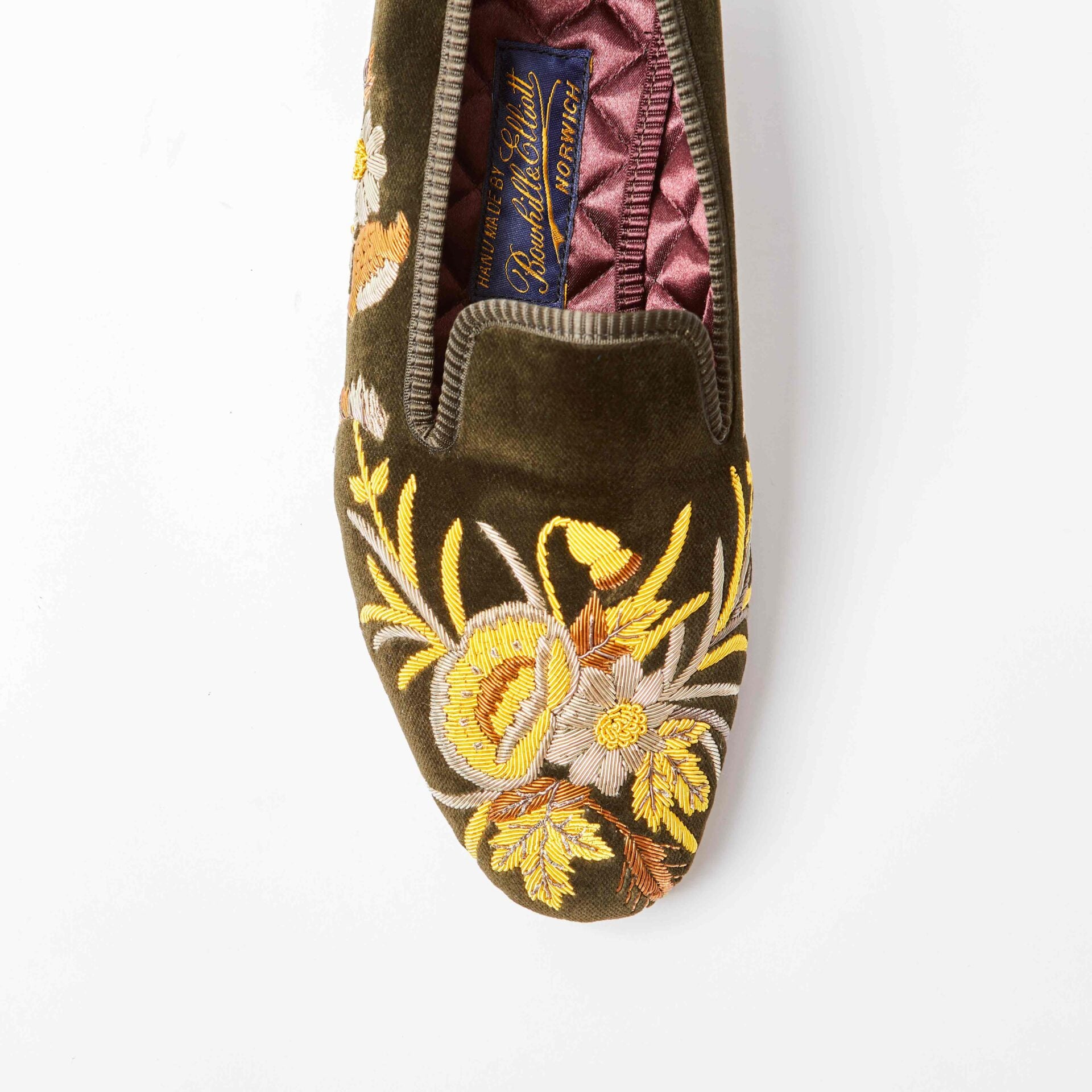 Olive Velvet Albert Slippers with Embroidered Anniversary Poppies