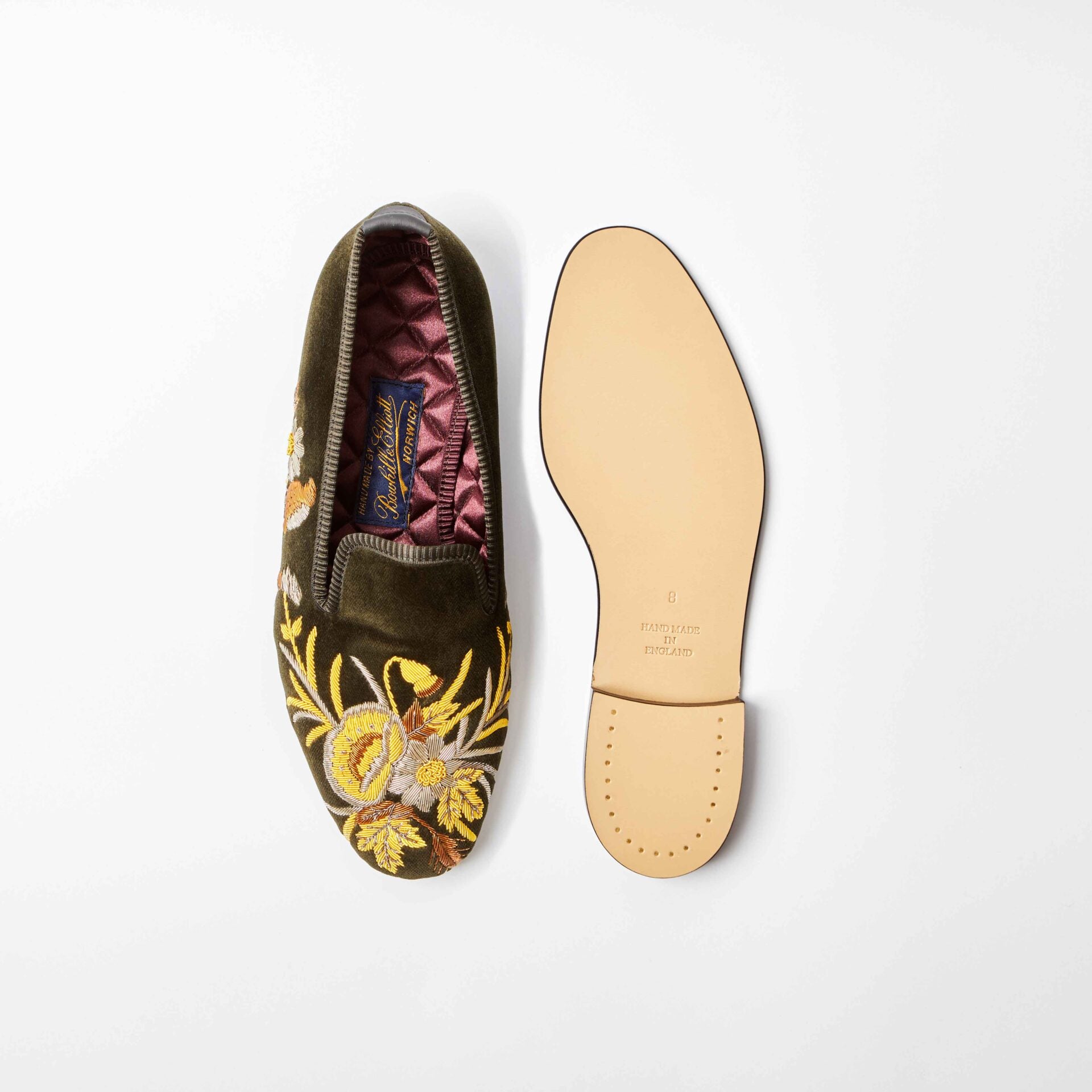 Olive Velvet Albert Slippers with Embroidered Anniversary Poppies