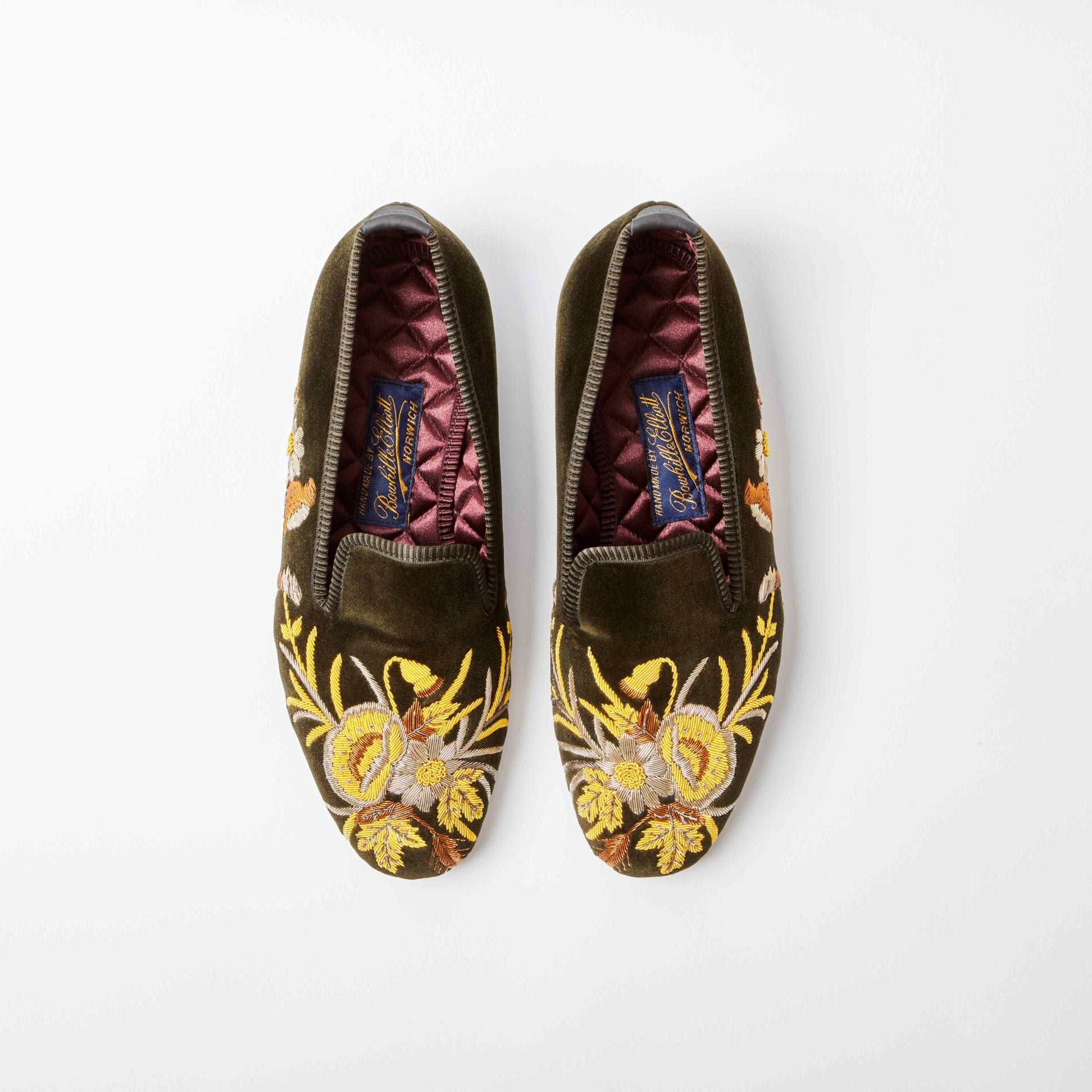 Olive Velvet Albert Slippers with Embroidered Anniversary Poppies