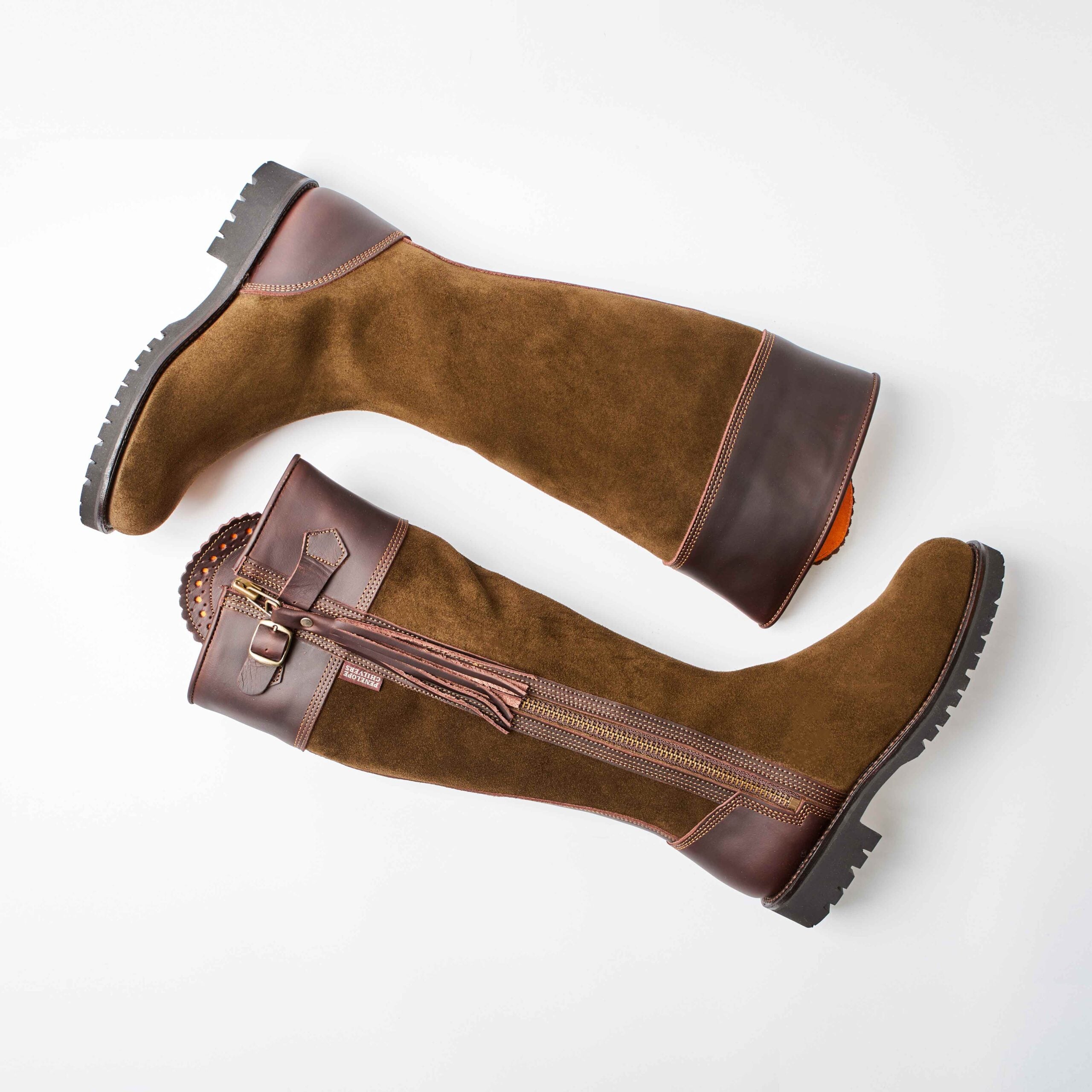 Inclement Long Tassel Boot in Green Suede & Brown Leather