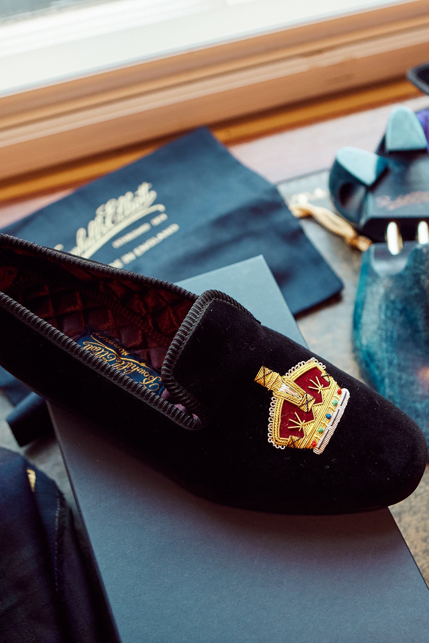 Black Velvet Albert Slippers with Embroidered Gold Crown
