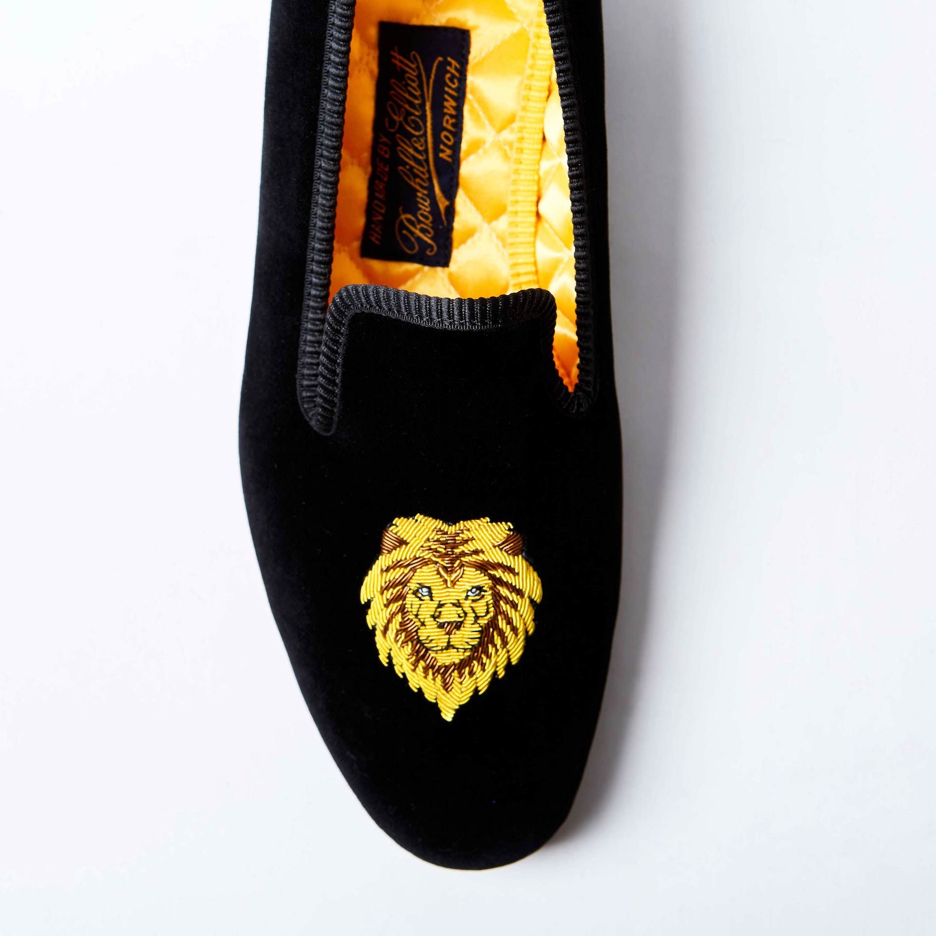 Black Velvet Albert Slippers with Embroidered King Lion