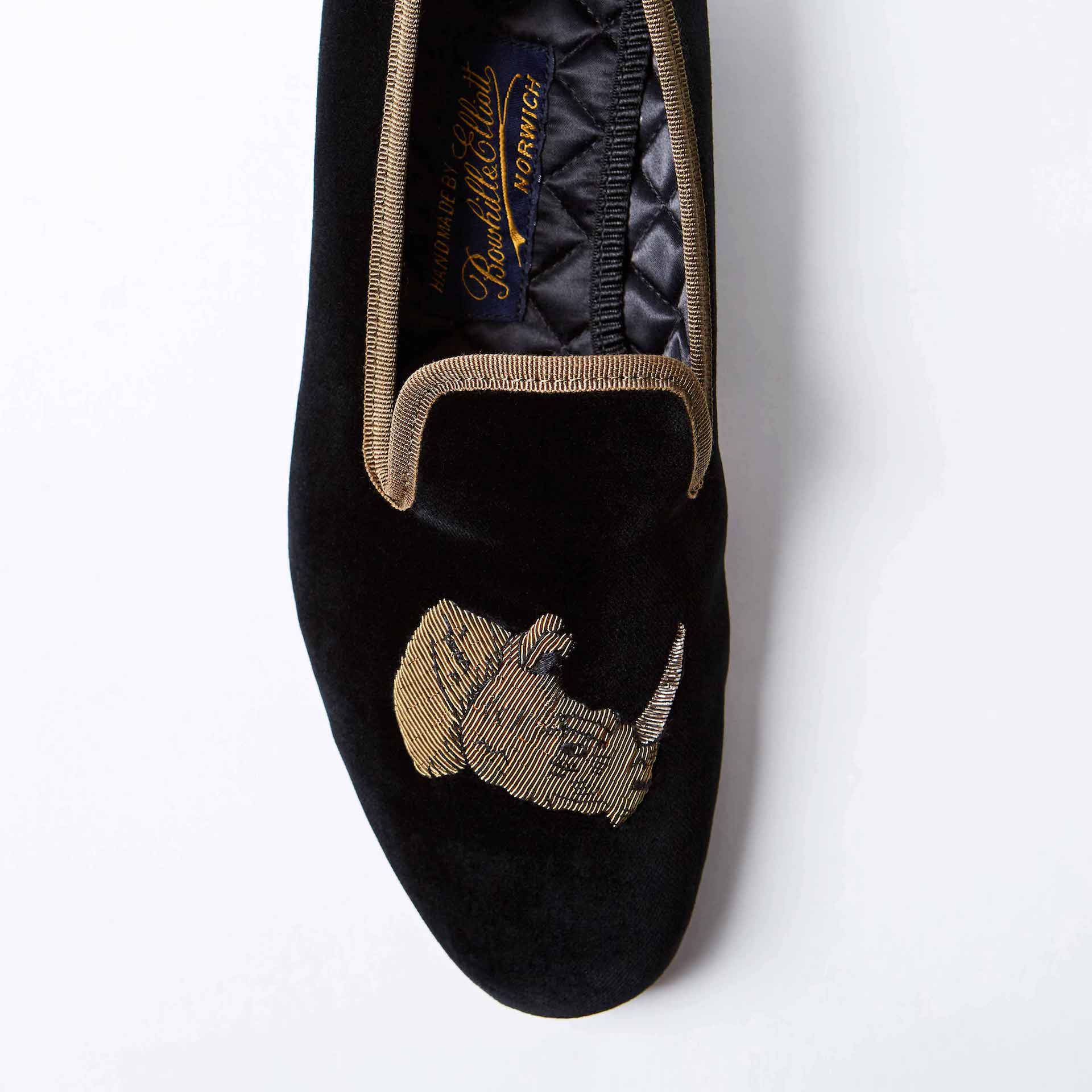 Black Velvet Albert Slippers with Embroidered Rhino's Head