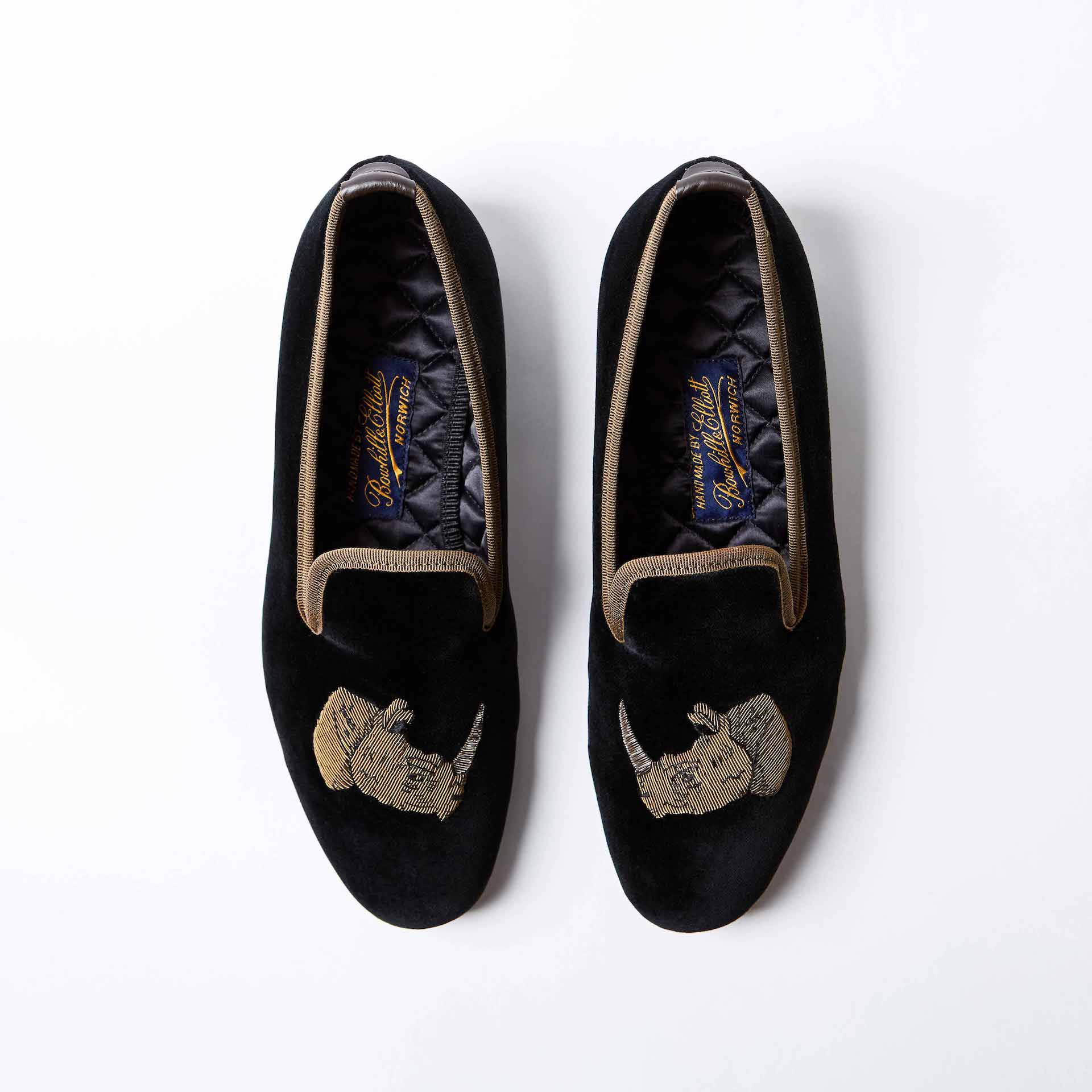 Black Velvet Albert Slippers with Embroidered Rhino's Head