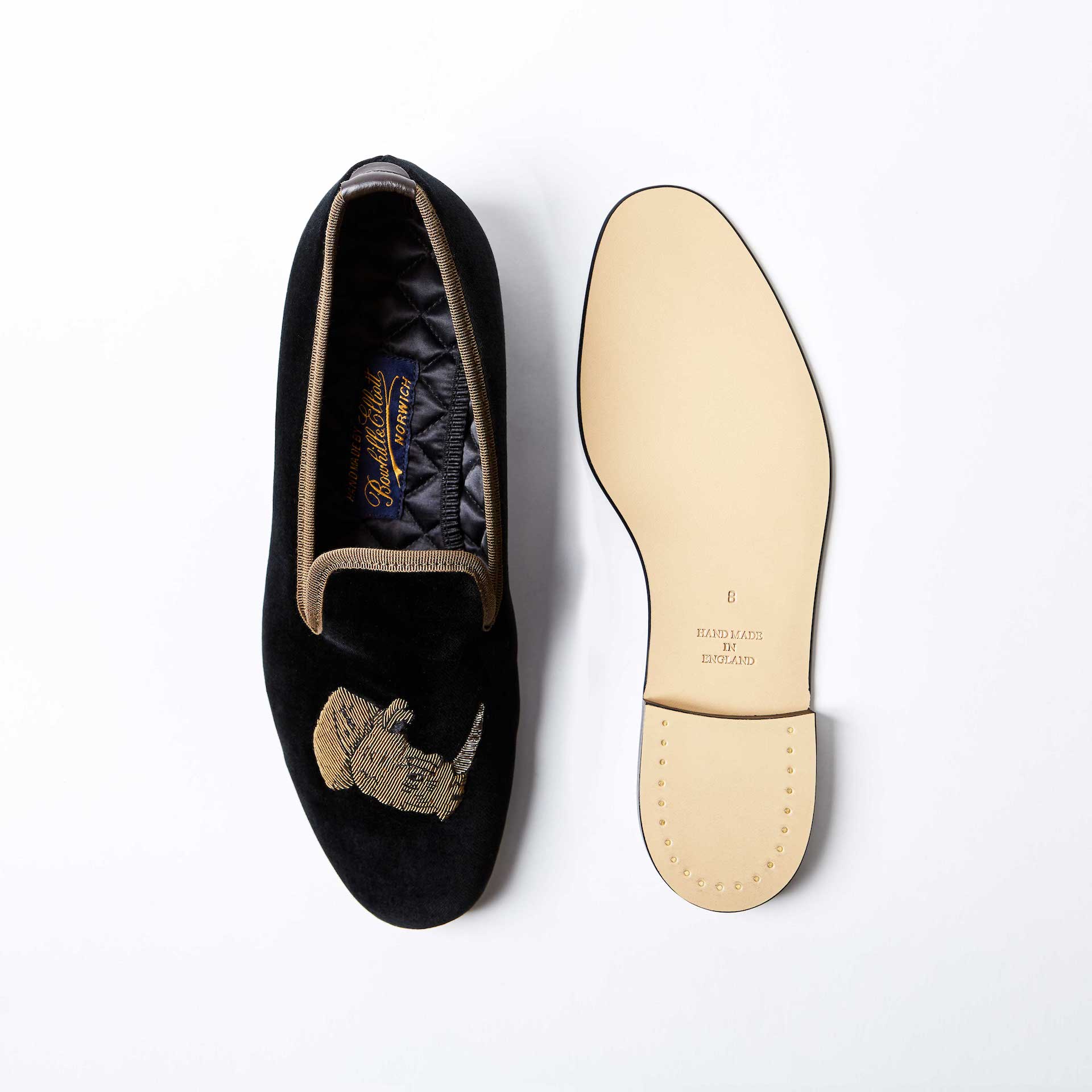 Black Velvet Albert Slippers with Embroidered Rhino's Head