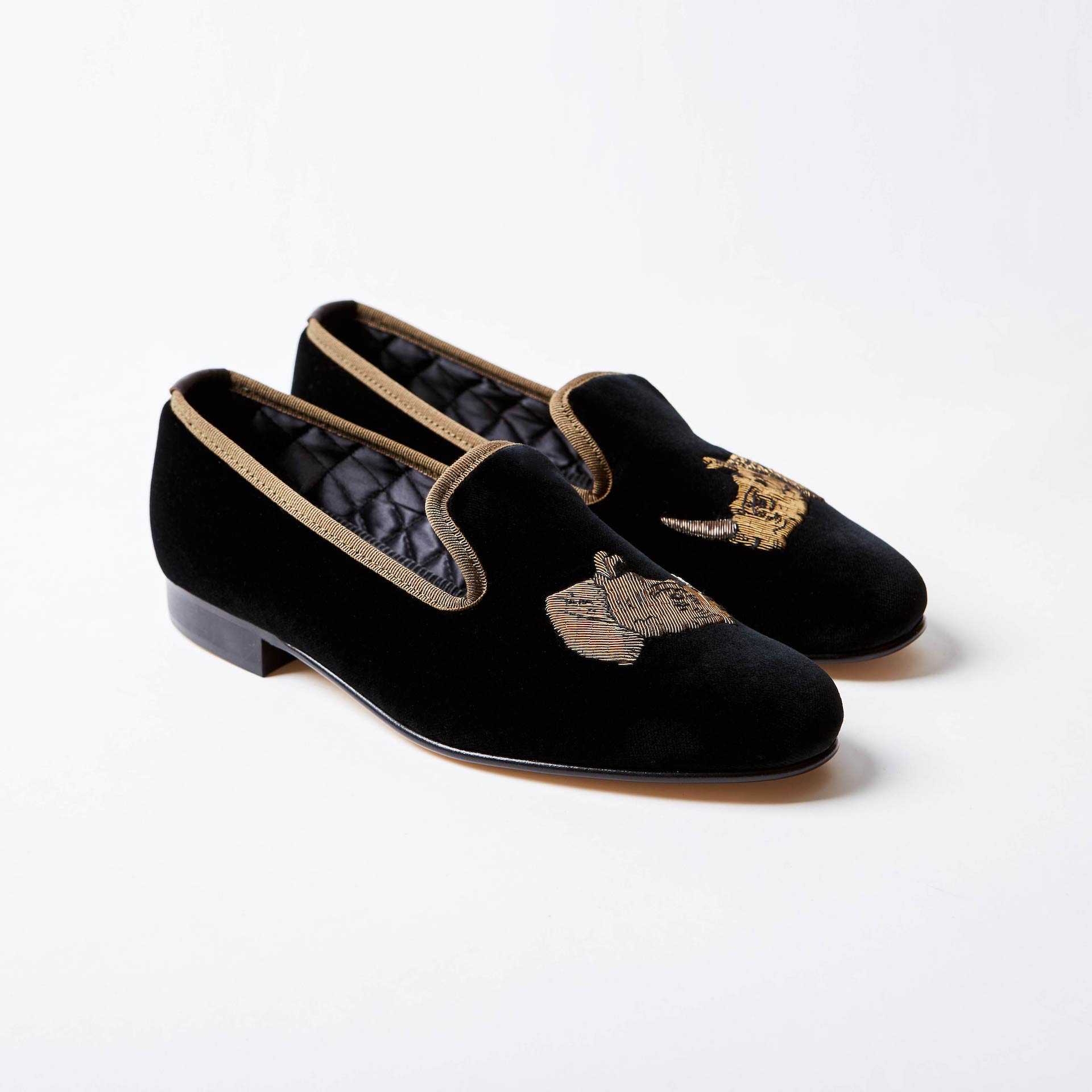 Black Velvet Albert Slippers with Embroidered Rhino's Head