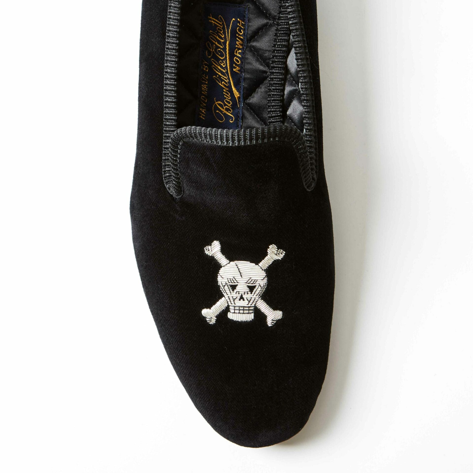 Black Velvet Albert Slippers with Embroidered Skull and Crossbones