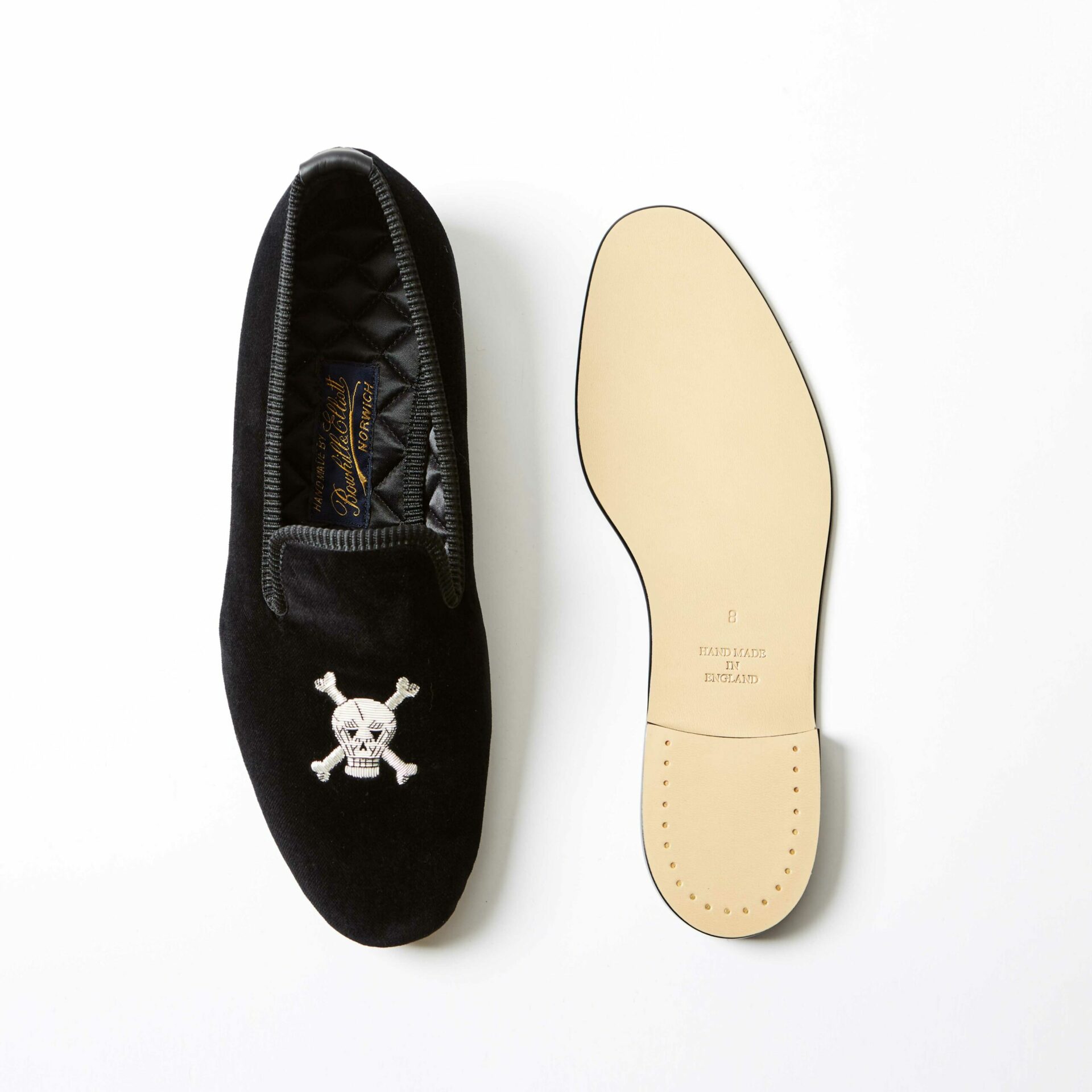 Black Velvet Albert Slippers with Embroidered Skull and Crossbones