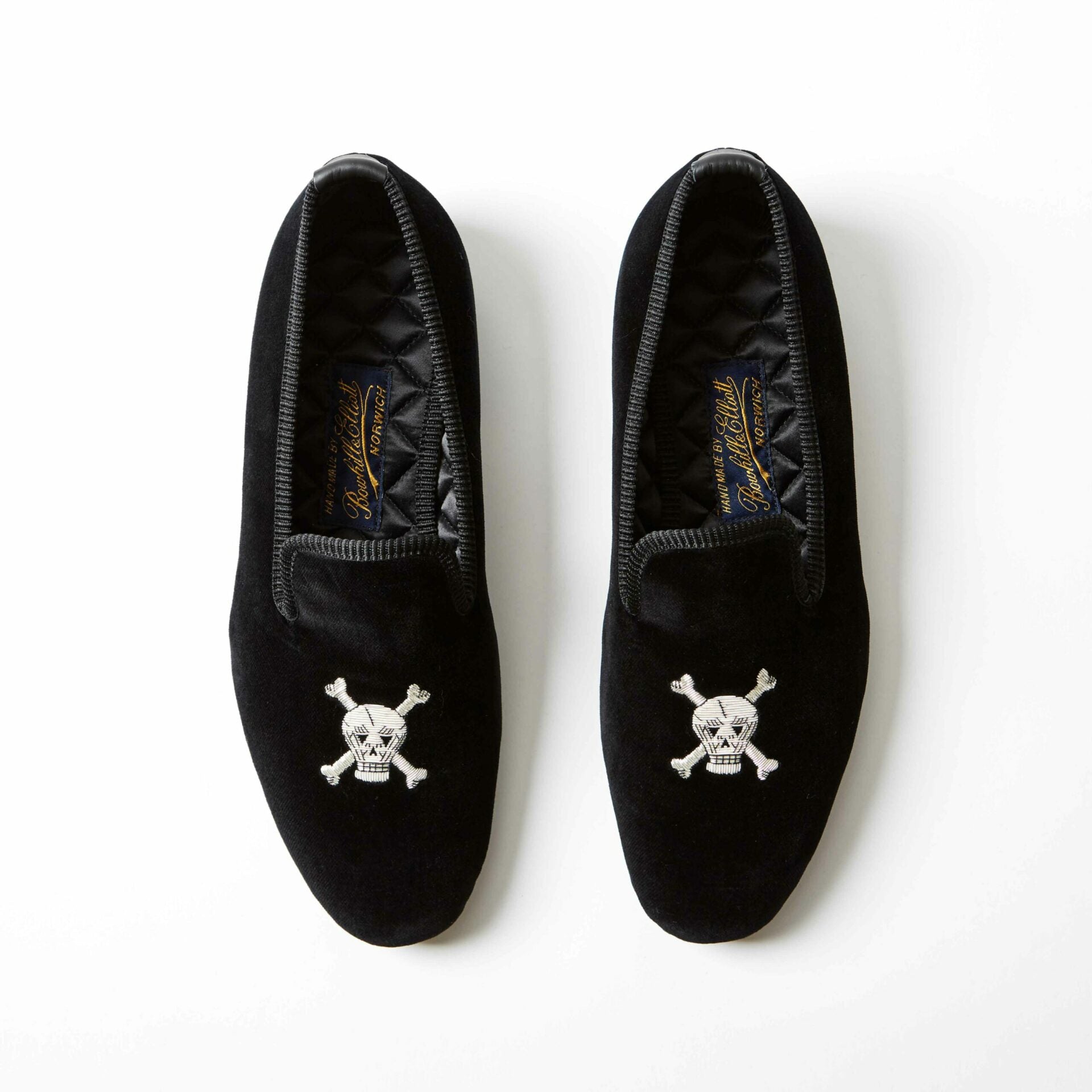 Black Velvet Albert Slippers with Embroidered Skull and Crossbones