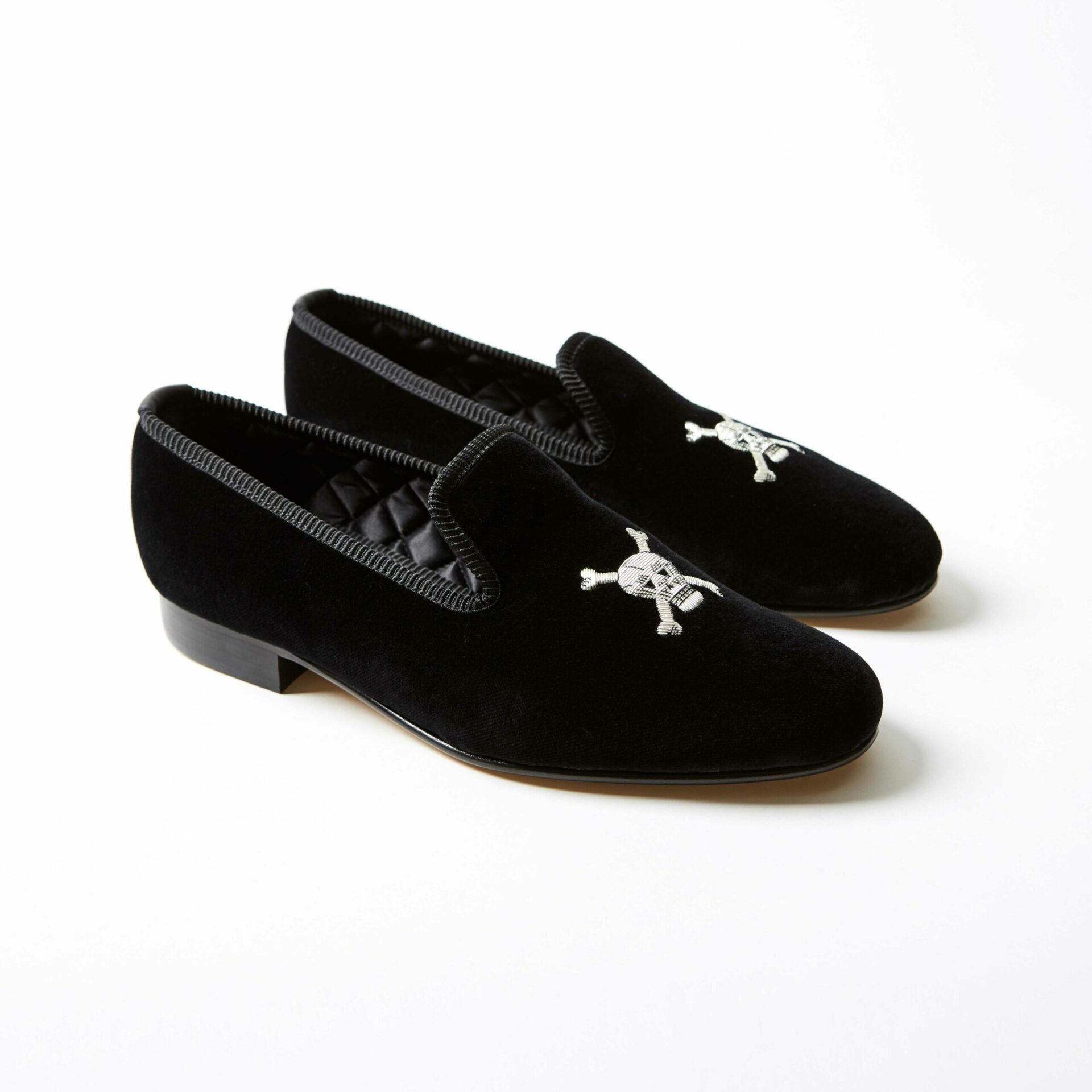 Black Velvet Albert Slippers with Embroidered Skull and Crossbones