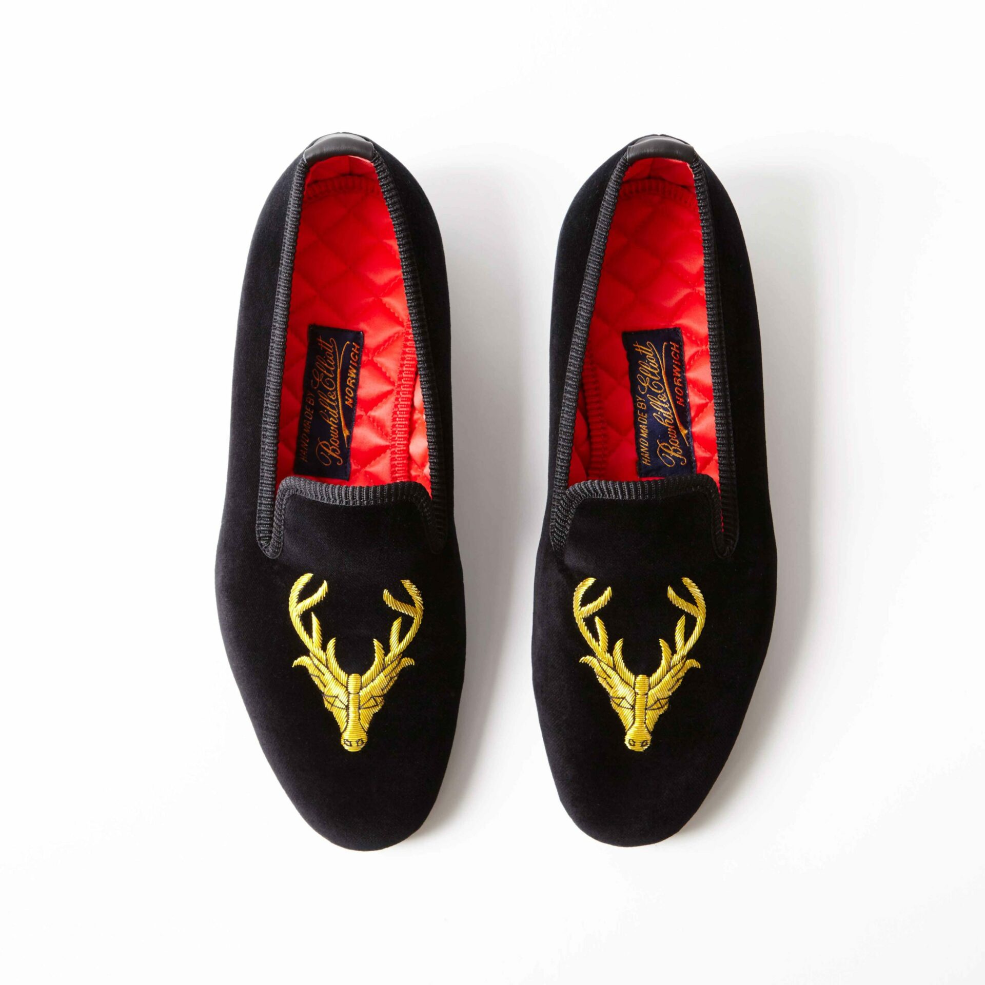 Black Velvet Albert Slippers with Embroidered Stag's Head
