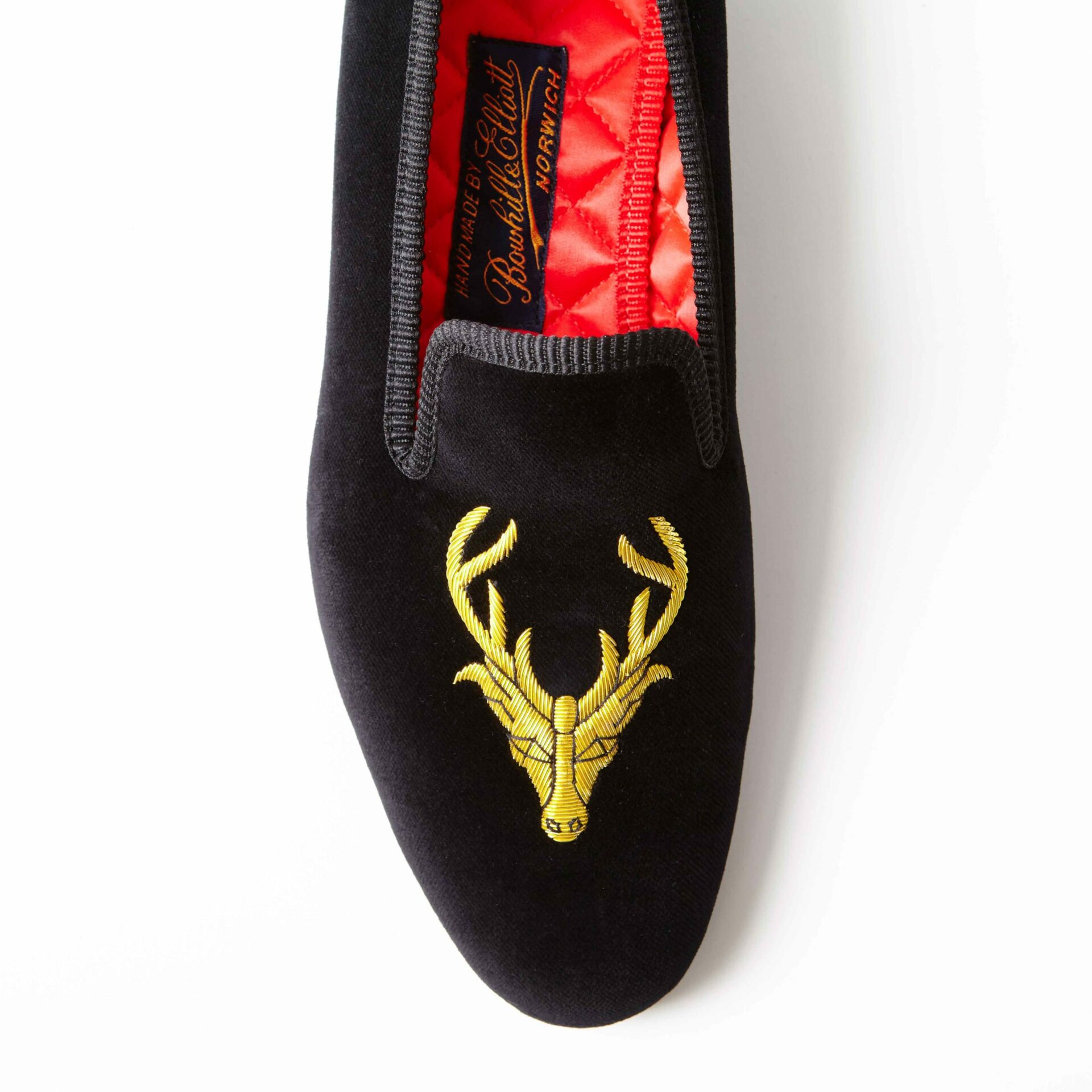 Black Velvet Albert Slippers with Embroidered Stag's Head