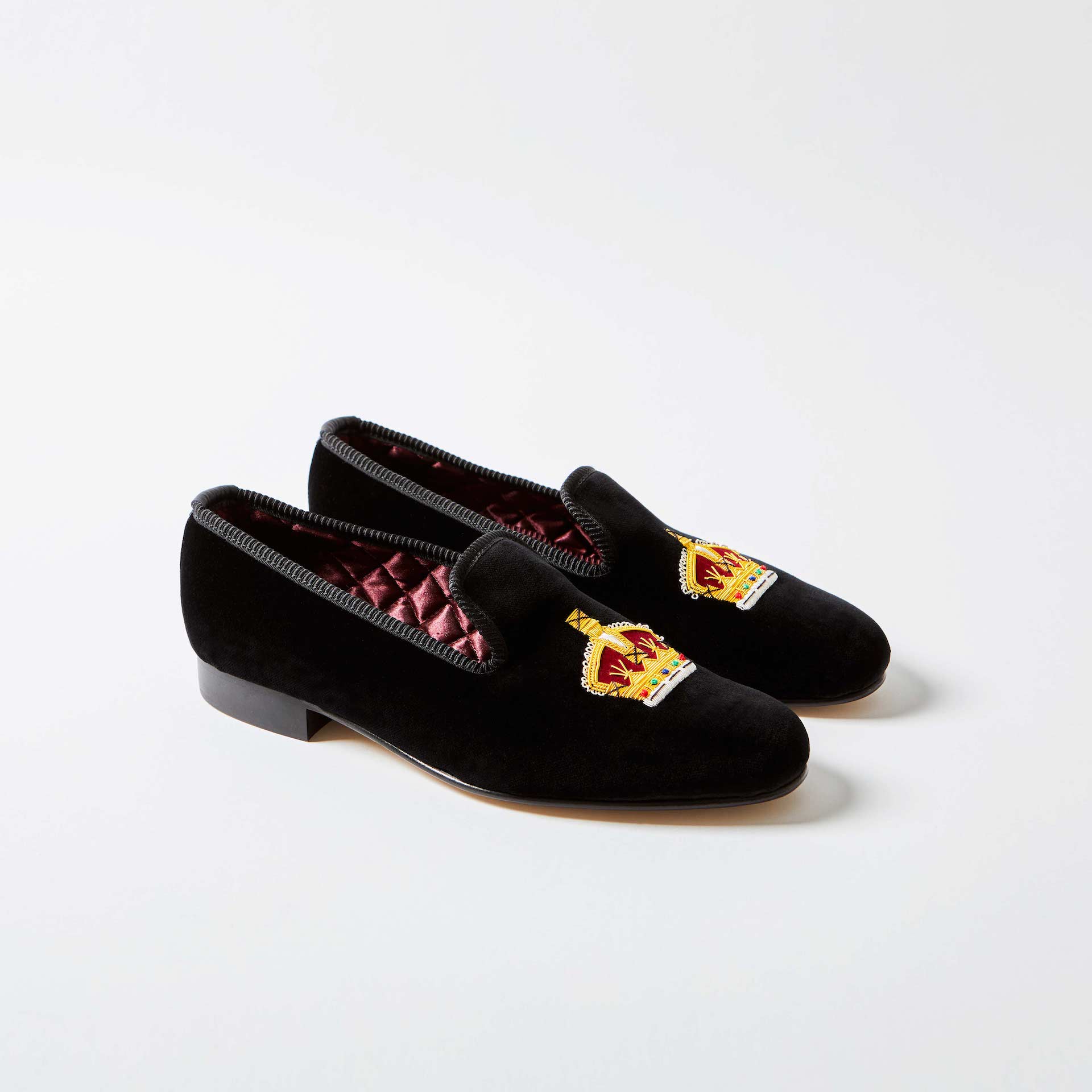 Black Velvet Albert Slippers with Embroidered Gold Crown