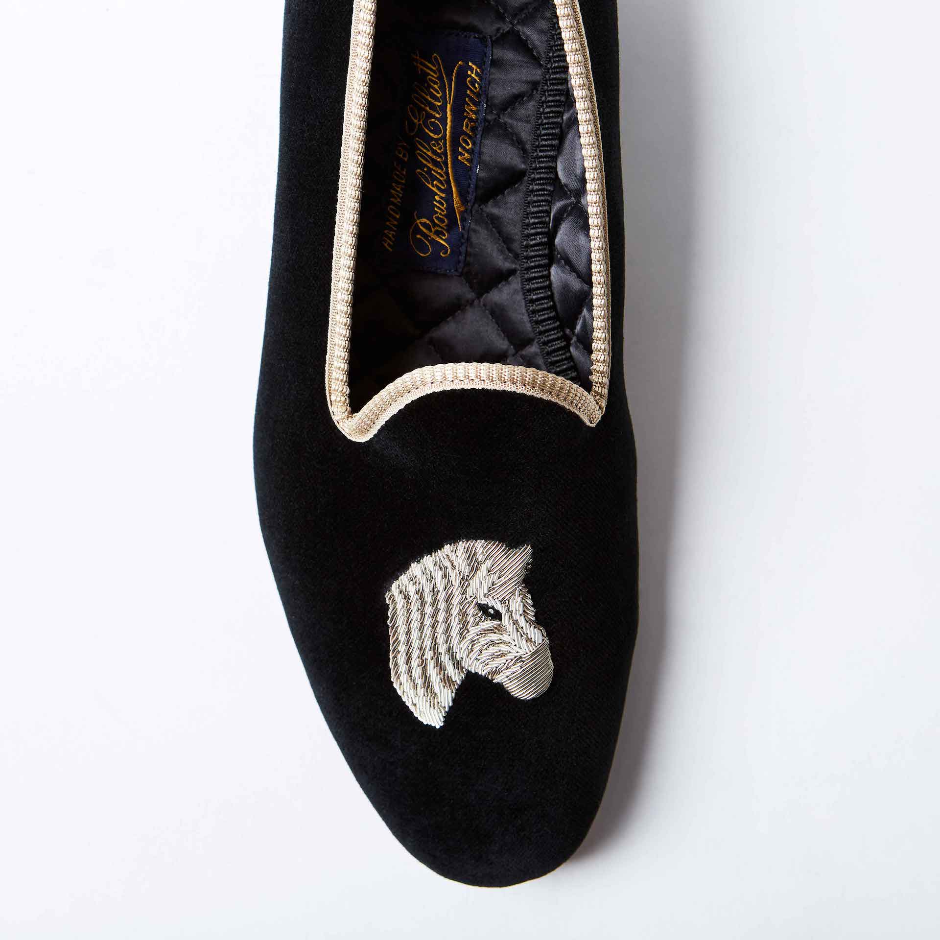Black Velvet Venetian Slippers with Embroidered Zebra Head