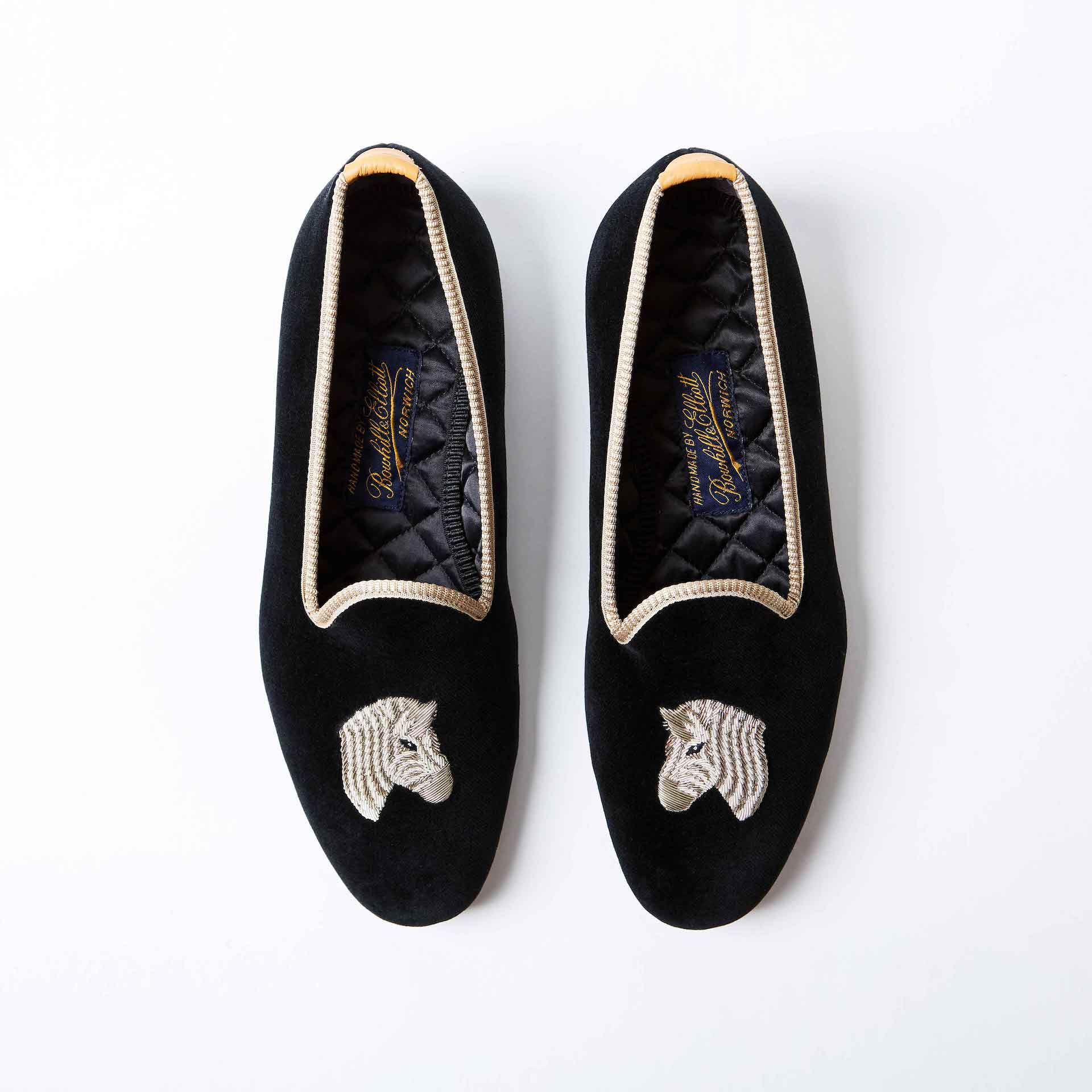 Black Velvet Venetian Slippers with Embroidered Zebra Head