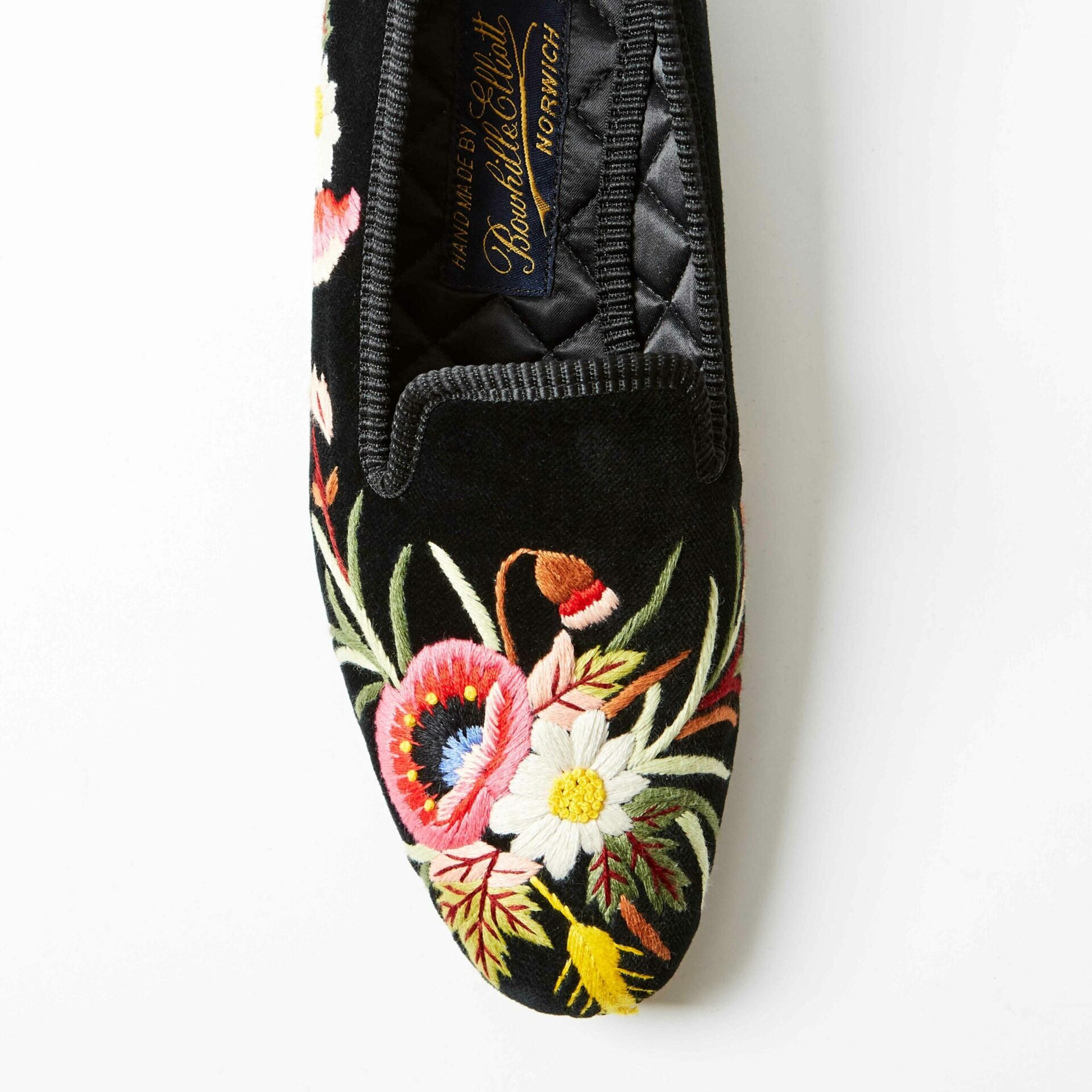 Black Velvet Albert Slippers with Embroidered Poppies