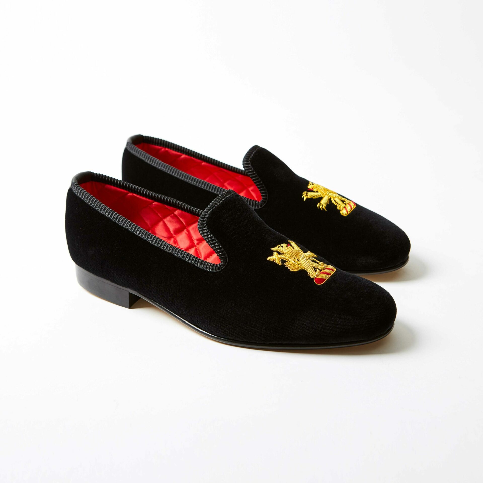 Black Velvet Albert Slippers with Embroidered Rampant Lion