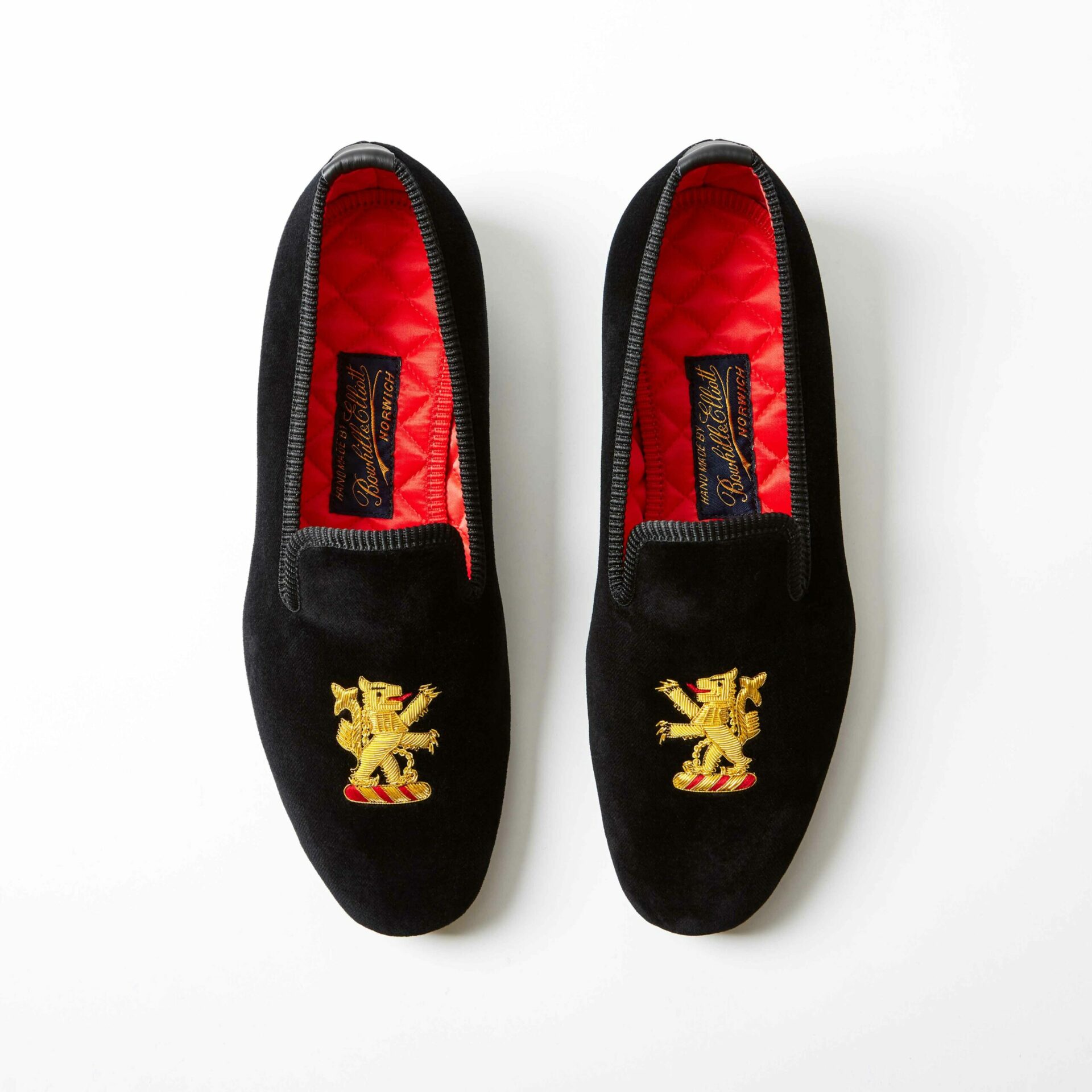 Black Velvet Albert Slippers with Embroidered Rampant Lion
