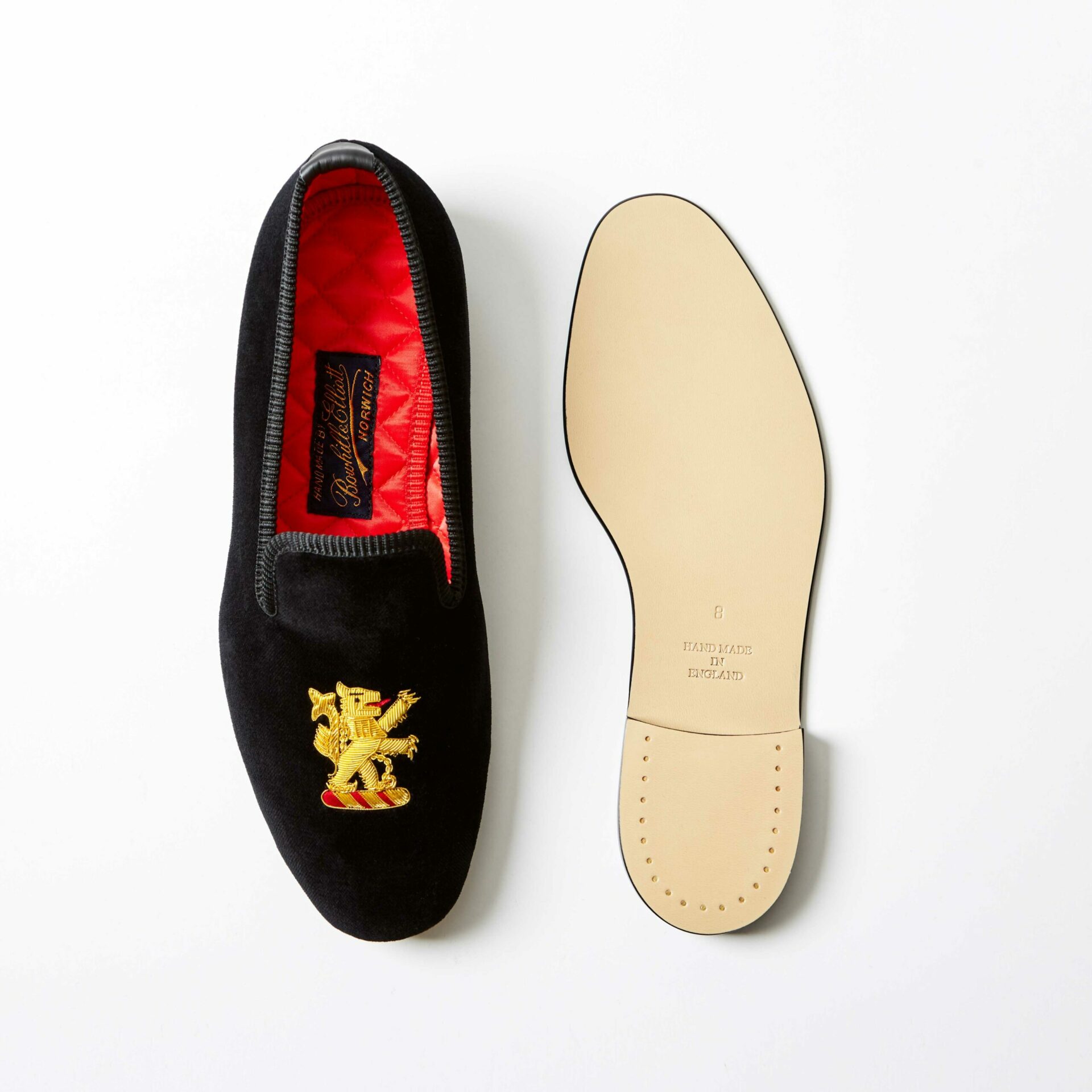 Black Velvet Albert Slippers with Embroidered Rampant Lion