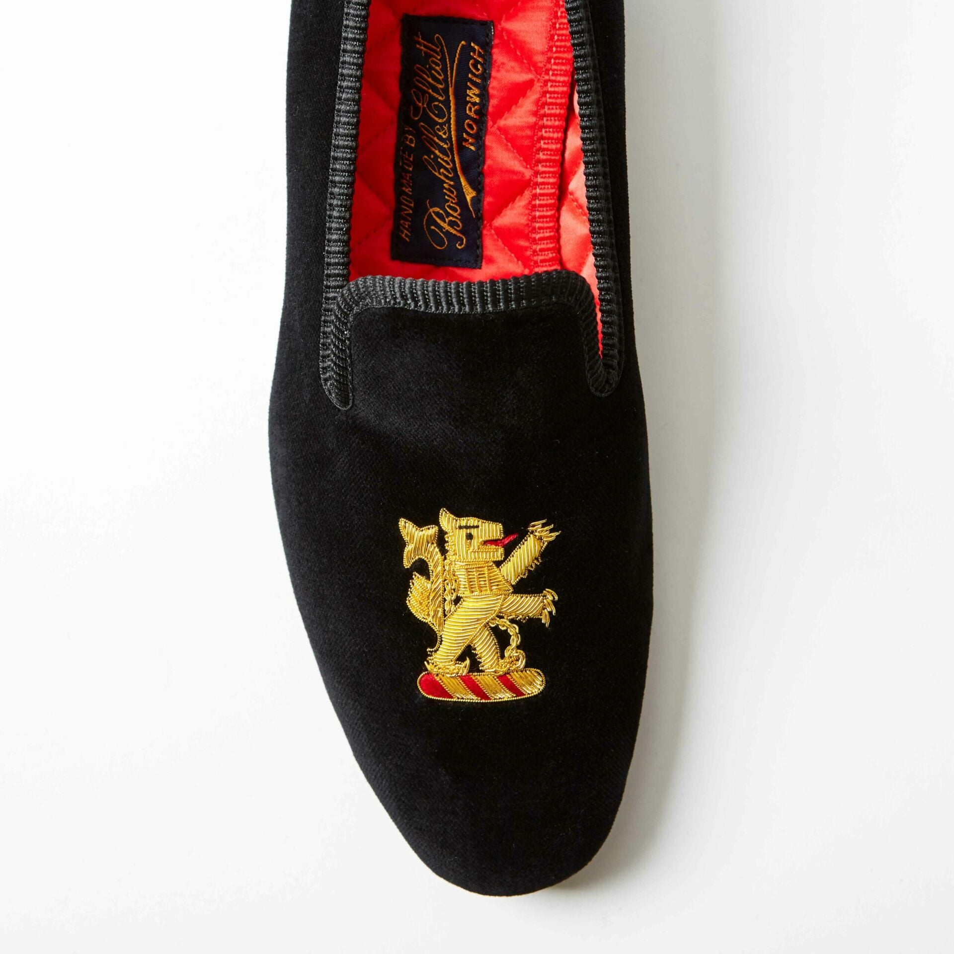 Black Velvet Albert Slippers with Embroidered Rampant Lion