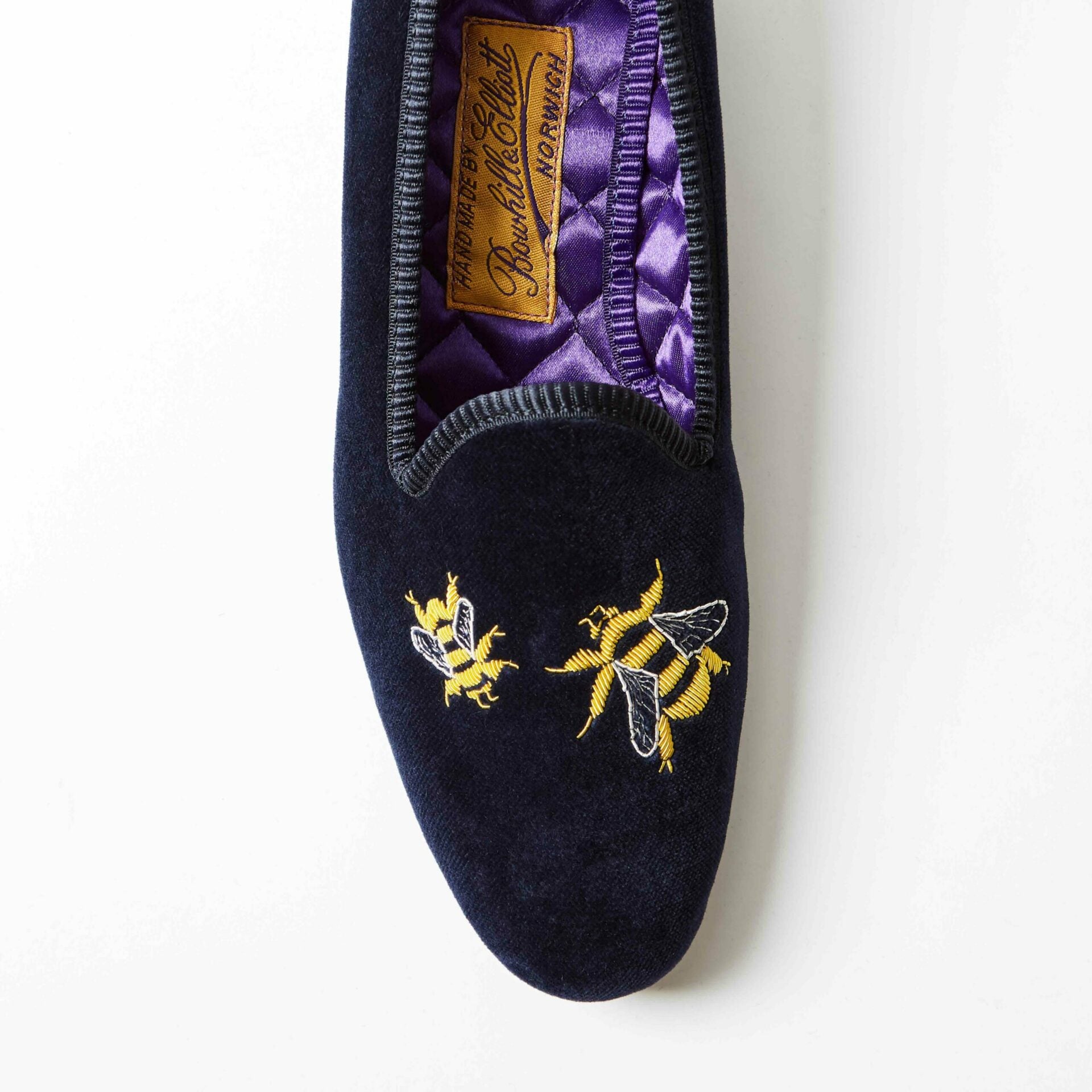 Navy Velvet Venetian Slippers with Embroidered Bees
