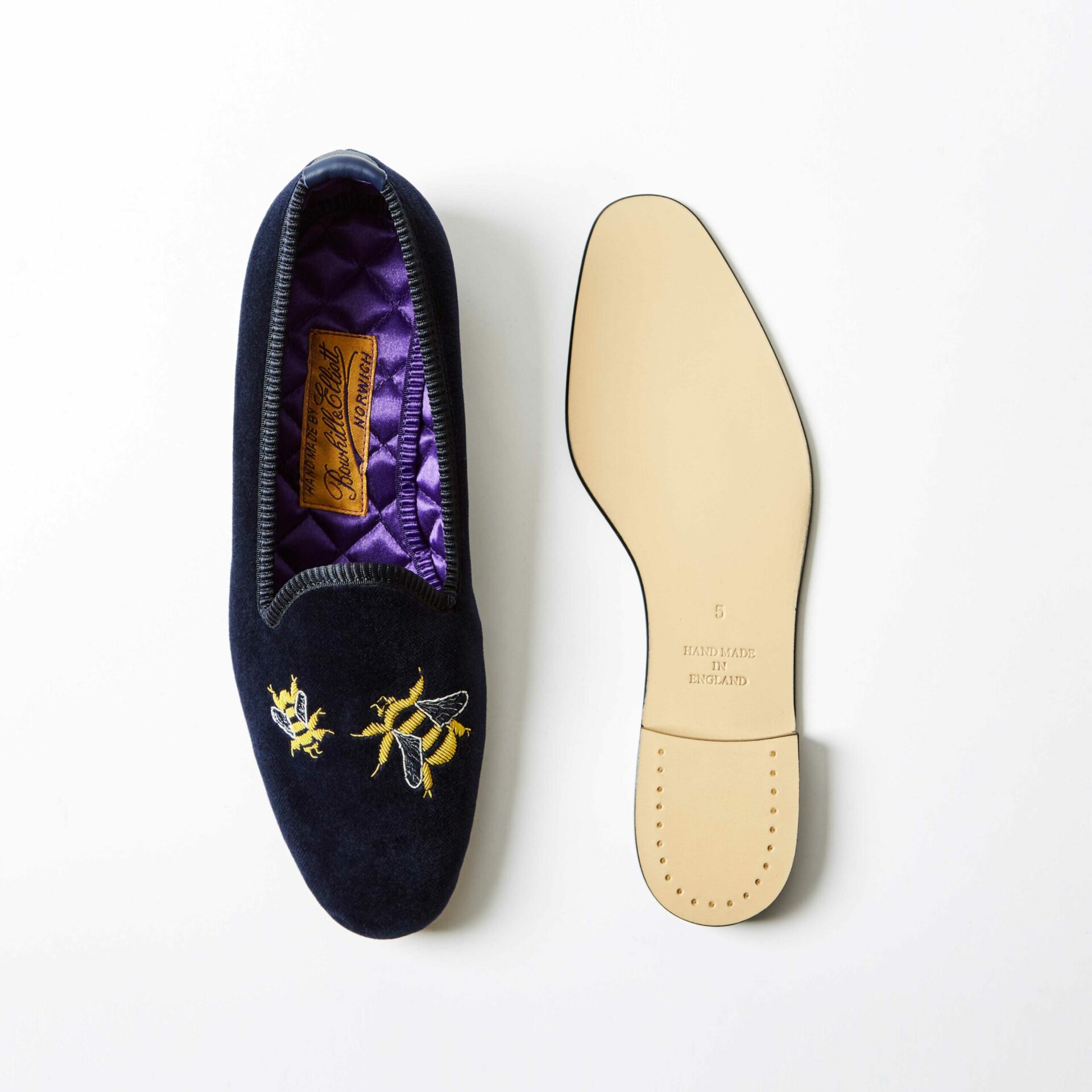 Navy Velvet Venetian Slippers with Embroidered Bees