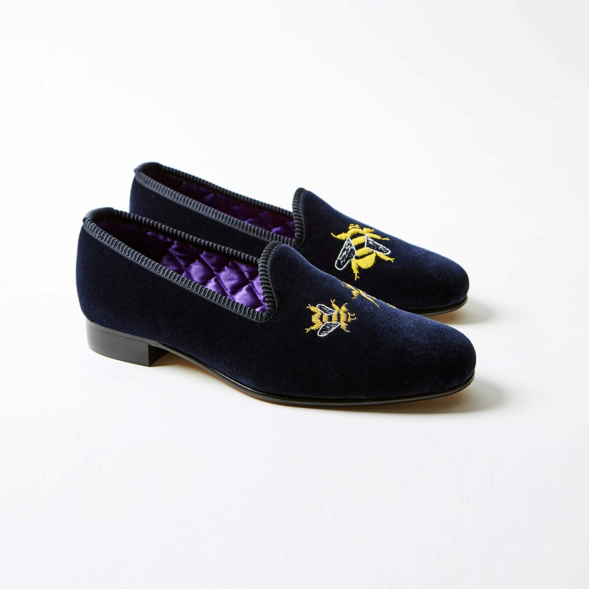 Navy Velvet Venetian Slippers with Embroidered Bees