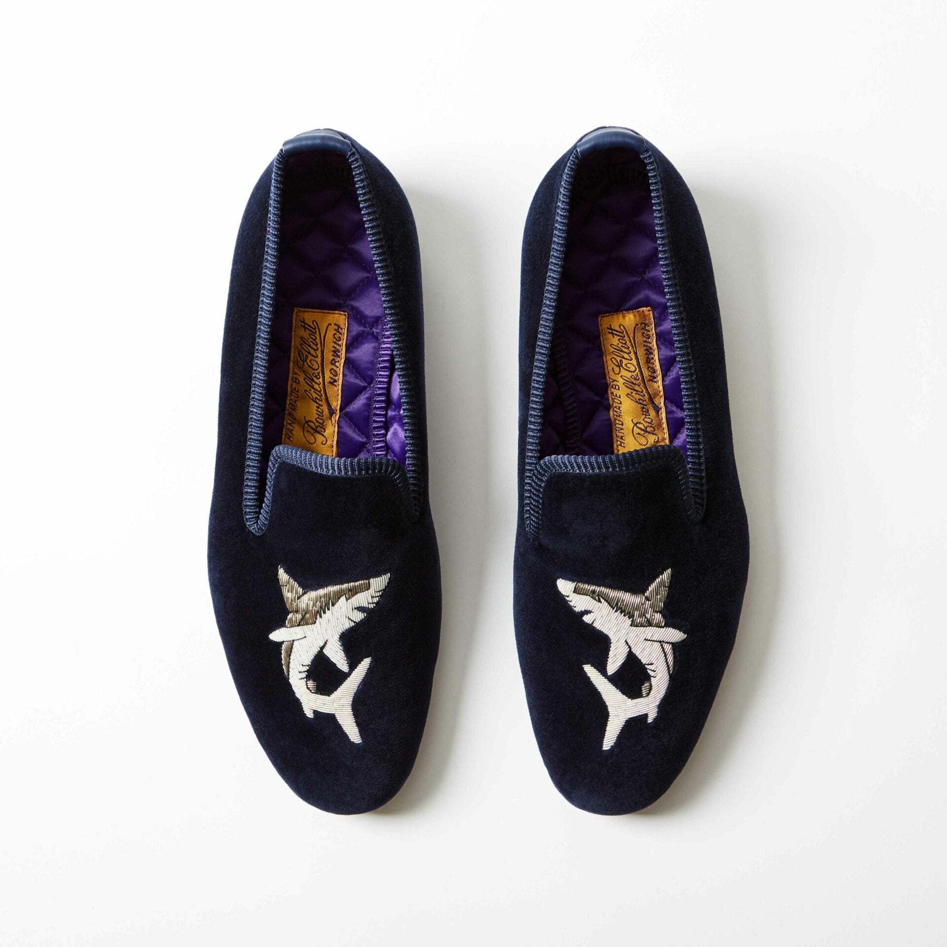 Navy Velvet Albert Slippers with Embroidered Shark