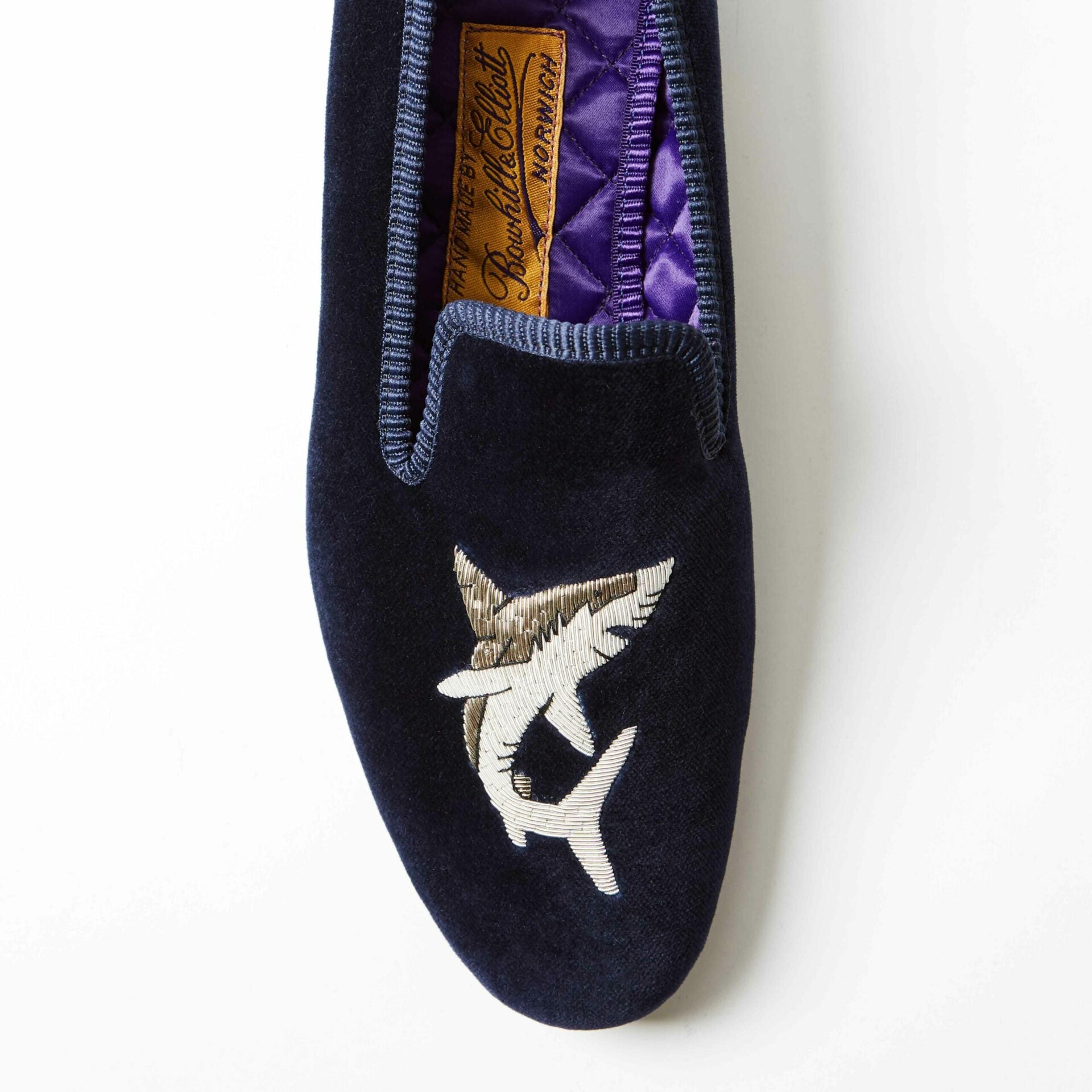 Navy Velvet Albert Slippers with Embroidered Shark