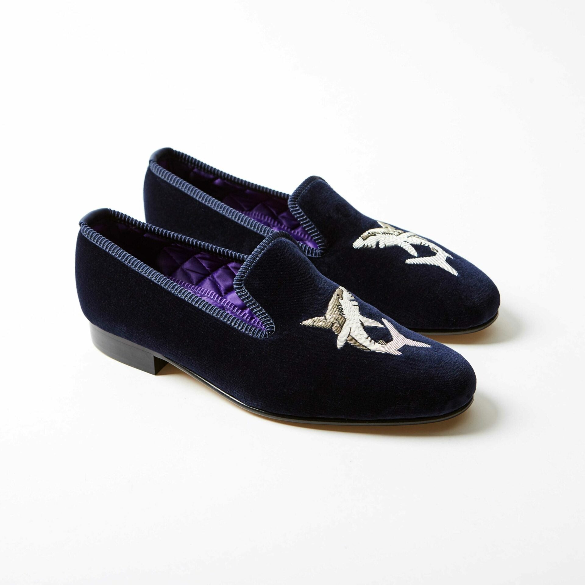 Navy Velvet Albert Slippers with Embroidered Shark