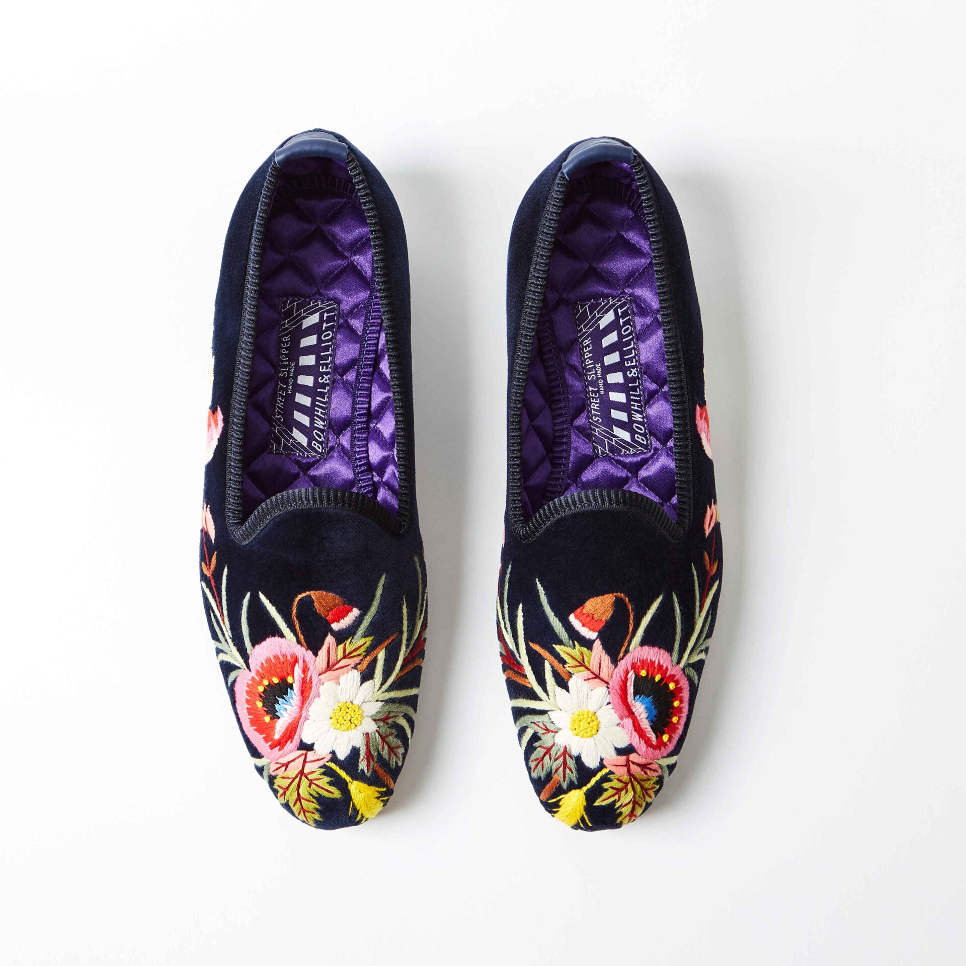 Navy Velvet Venetian Slippers with Embroidered Poppies