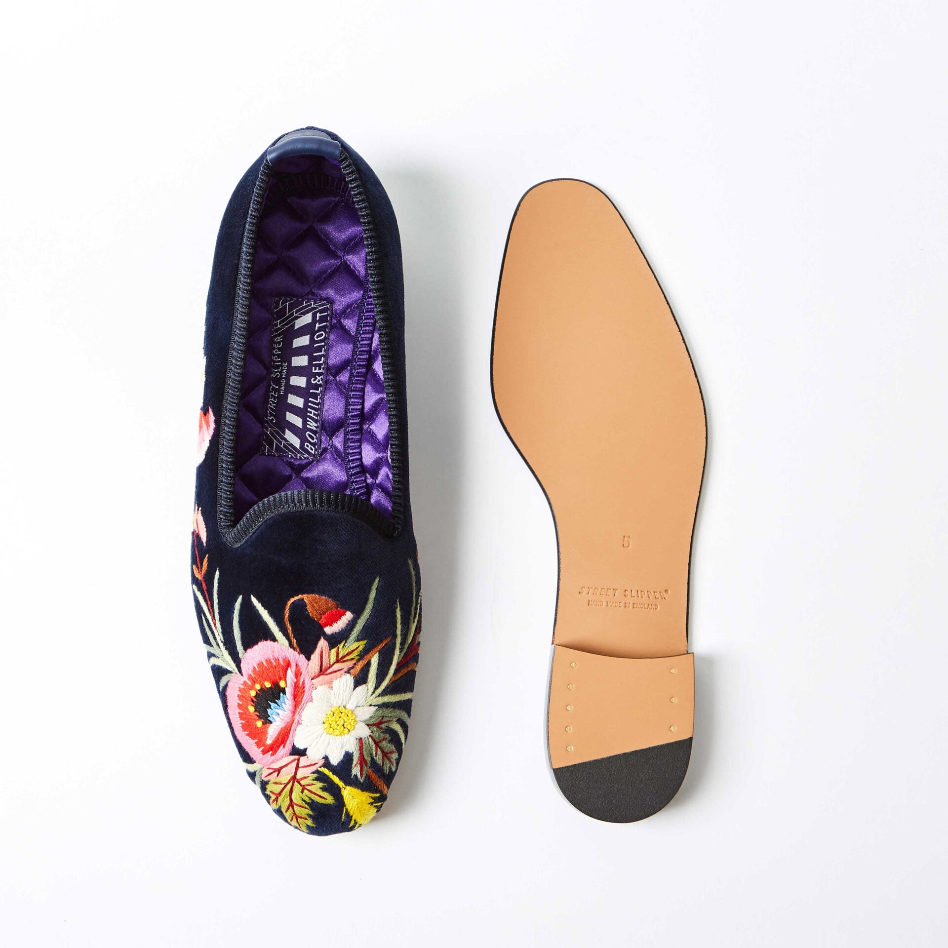 Navy Velvet Venetian Slippers with Embroidered Poppies