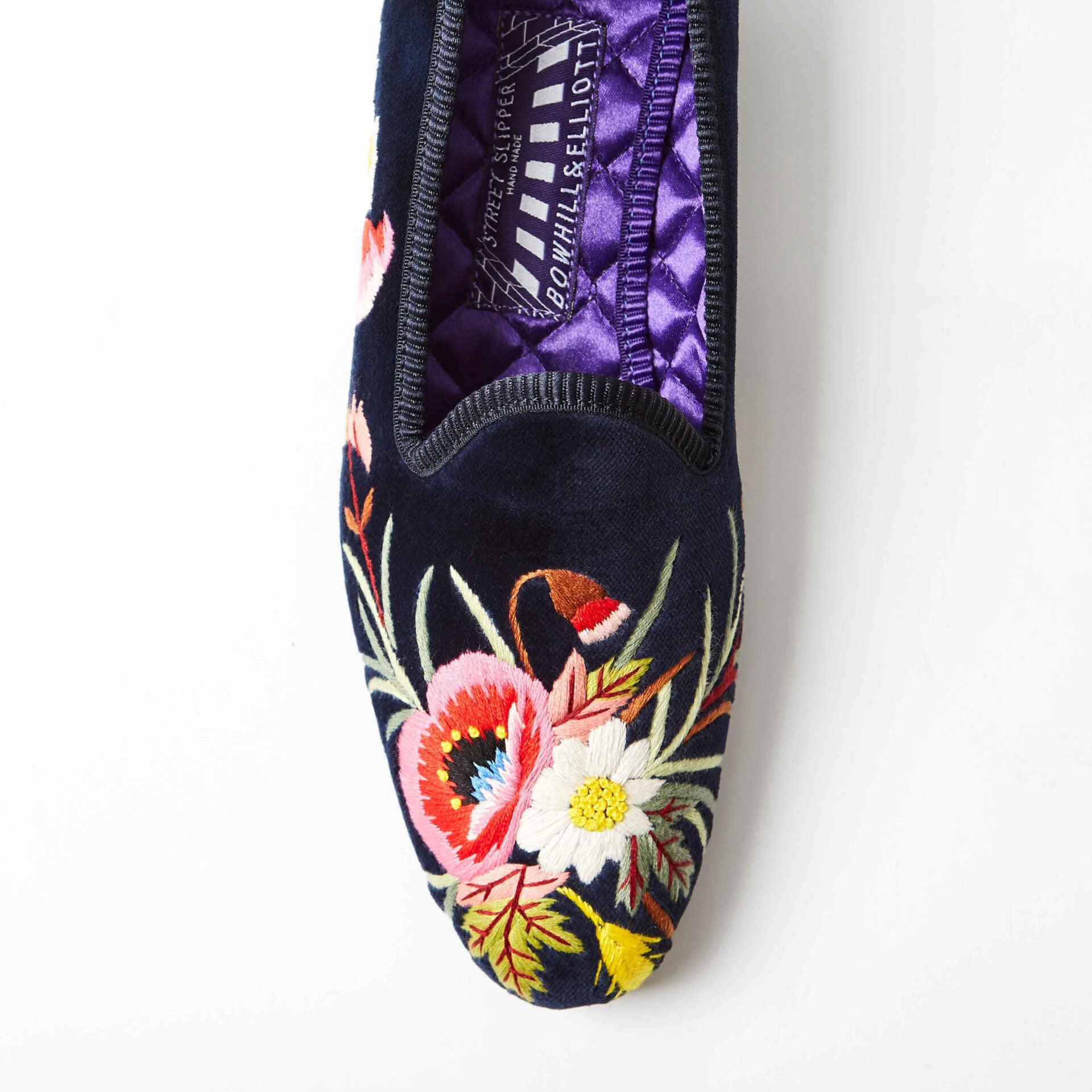 Navy Velvet Venetian Slippers with Embroidered Poppies