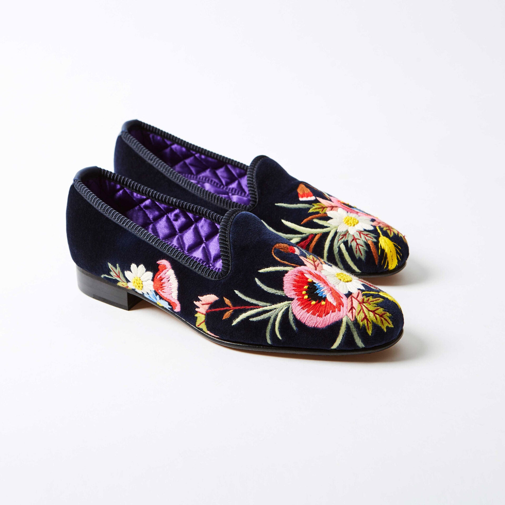 Navy Velvet Venetian Slippers with Embroidered Poppies