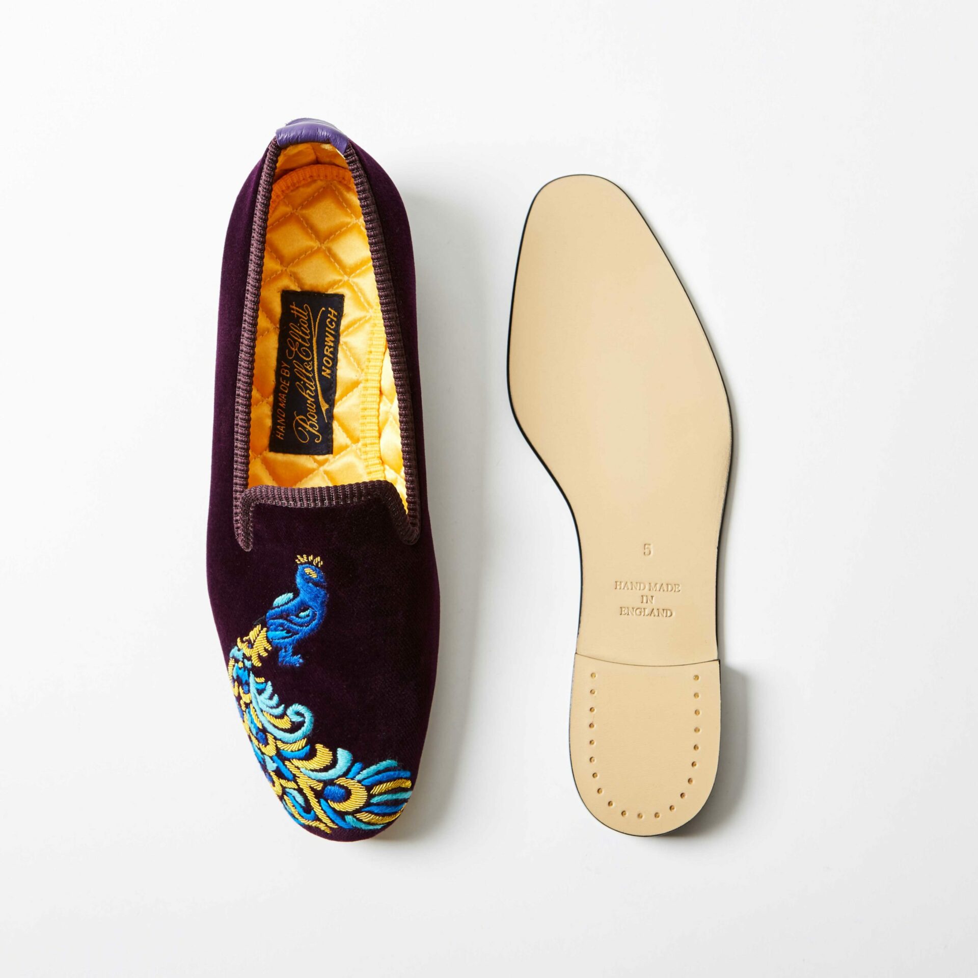 Regal Velvet Albert Slippers with Embroidered Peacock