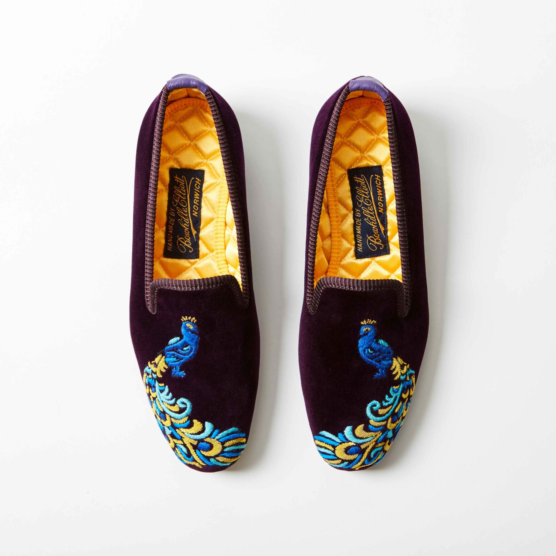 Regal Velvet Albert Slippers with Embroidered Peacock