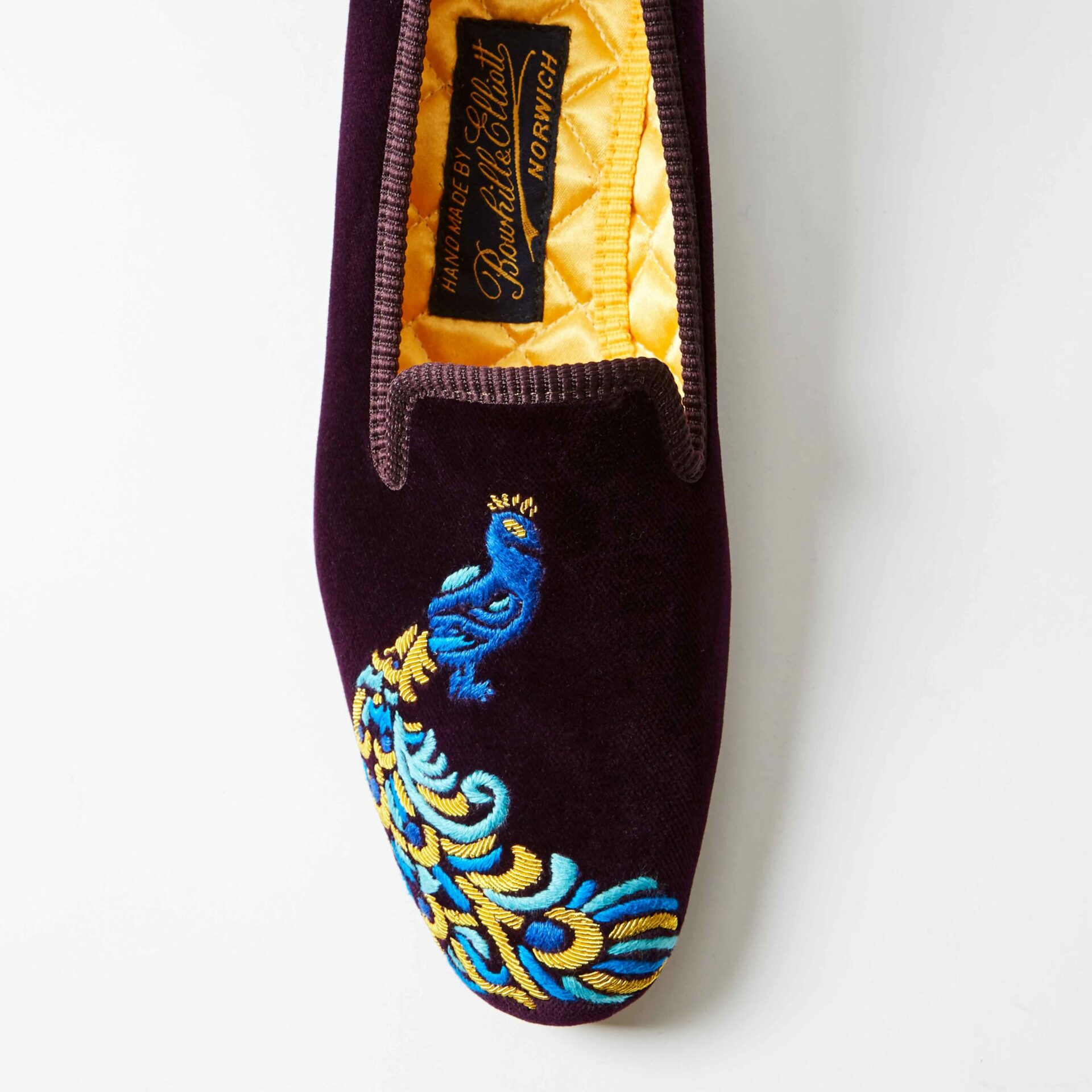 Regal Velvet Albert Slippers with Embroidered Peacock