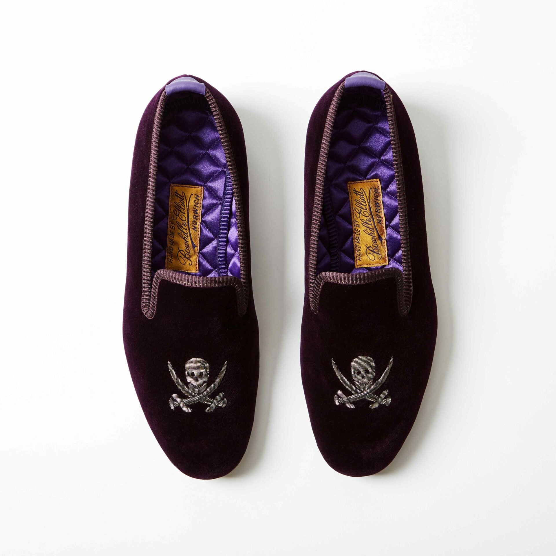 Regal Velvet Albert Slippers with Embroidered Skull and Sabres