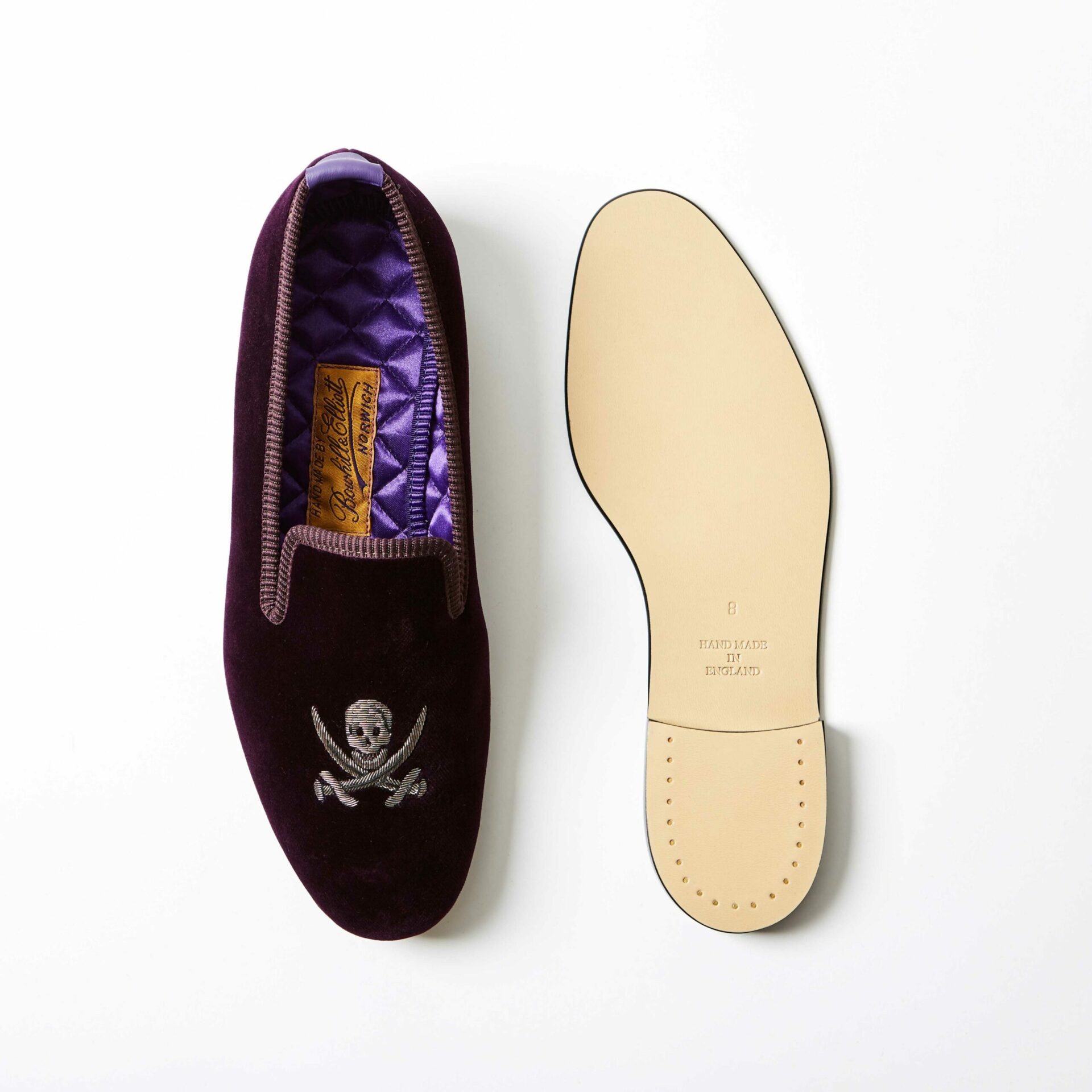 Regal Velvet Albert Slippers with Embroidered Skull and Sabres
