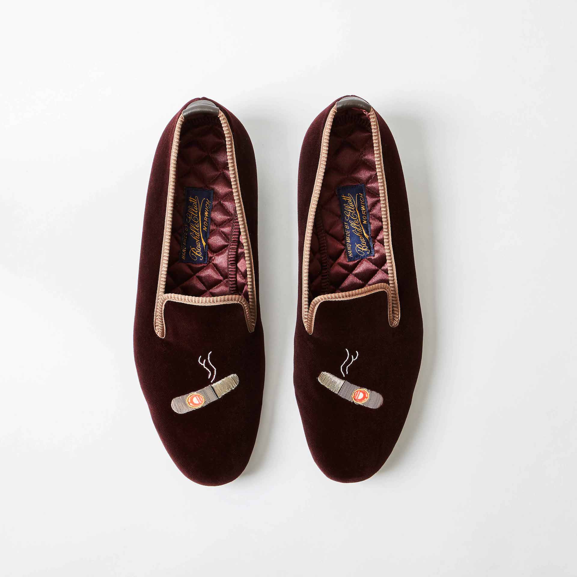 Brown Velvet Albert Slippers with Embroidered Cuban Cigar