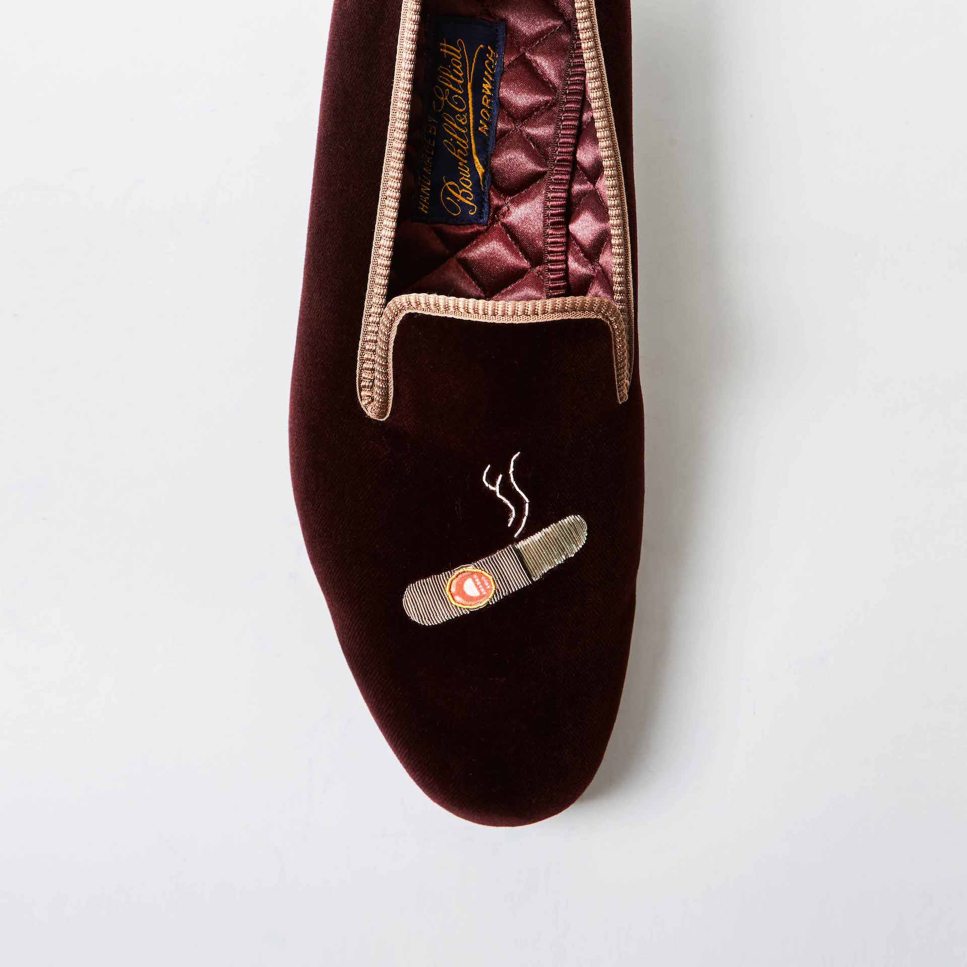 Brown Velvet Albert Slippers with Embroidered Cuban Cigar
