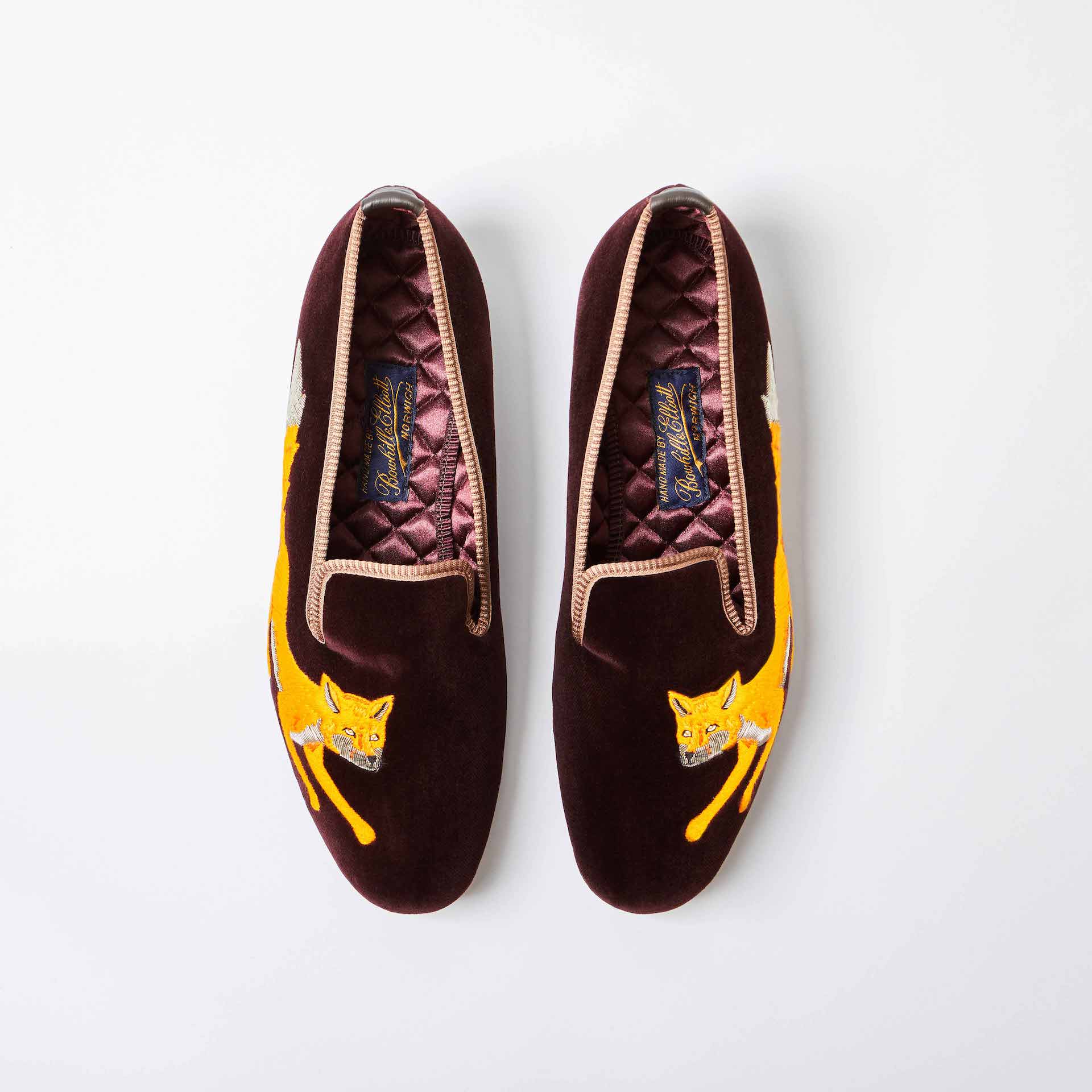 Brown Velvet Albert Slippers with Embroidered Wandering Fox