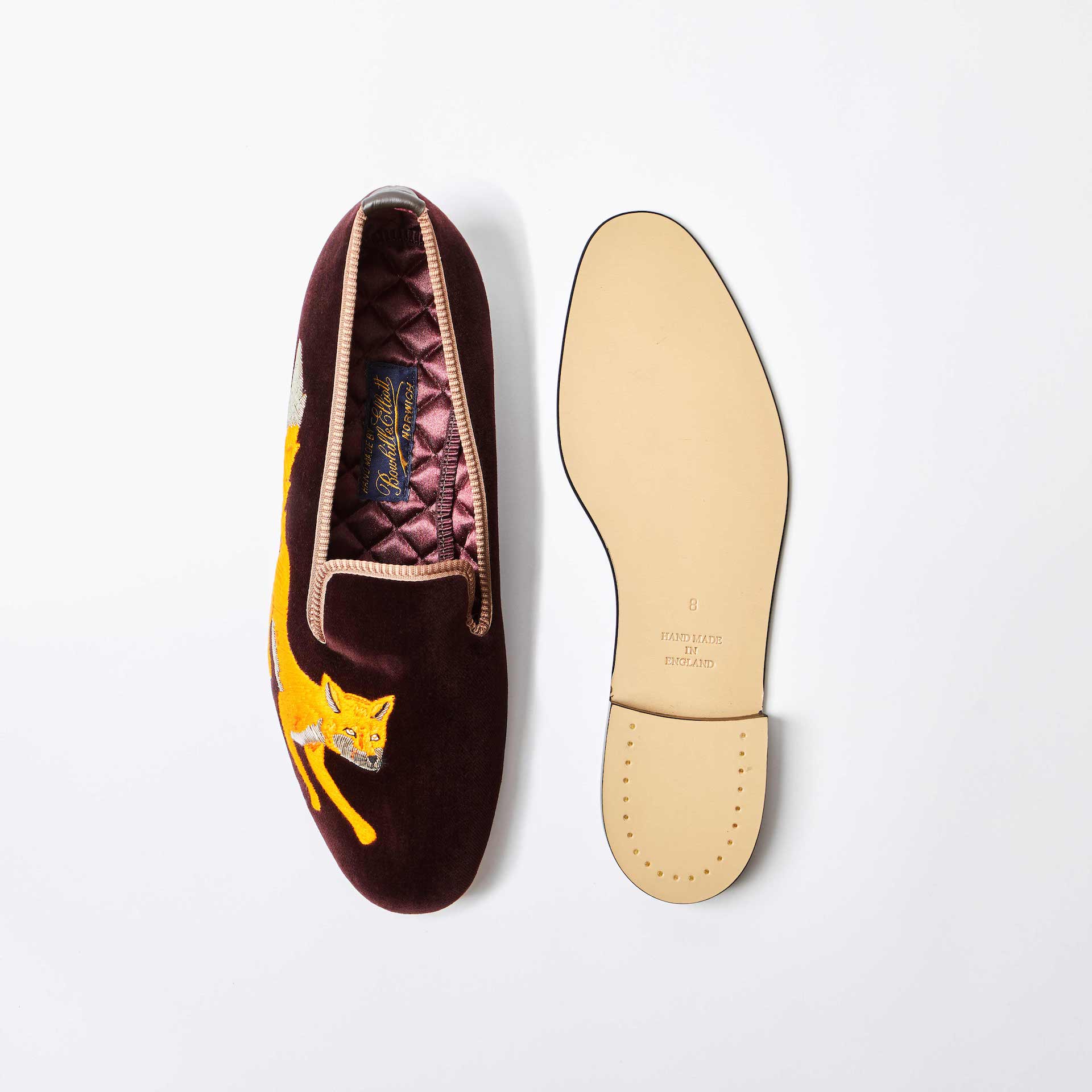 Brown Velvet Albert Slippers with Embroidered Wandering Fox