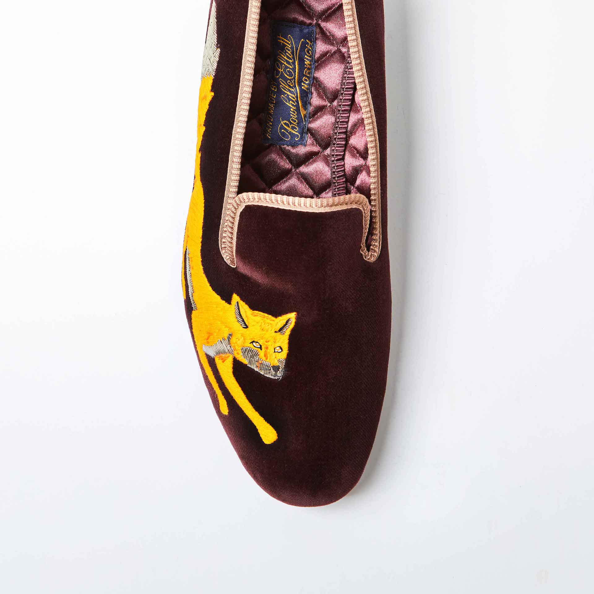Brown Velvet Albert Slippers with Embroidered Wandering Fox