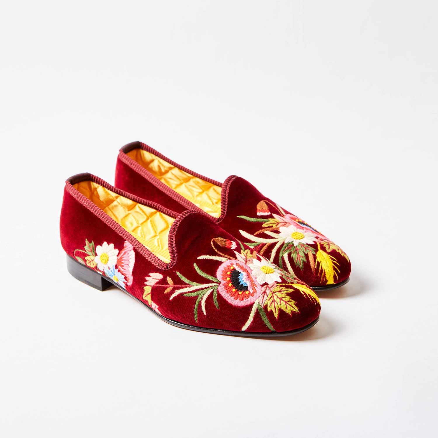 Claret Velvet Venetian Slippers with Embroidered Poppies