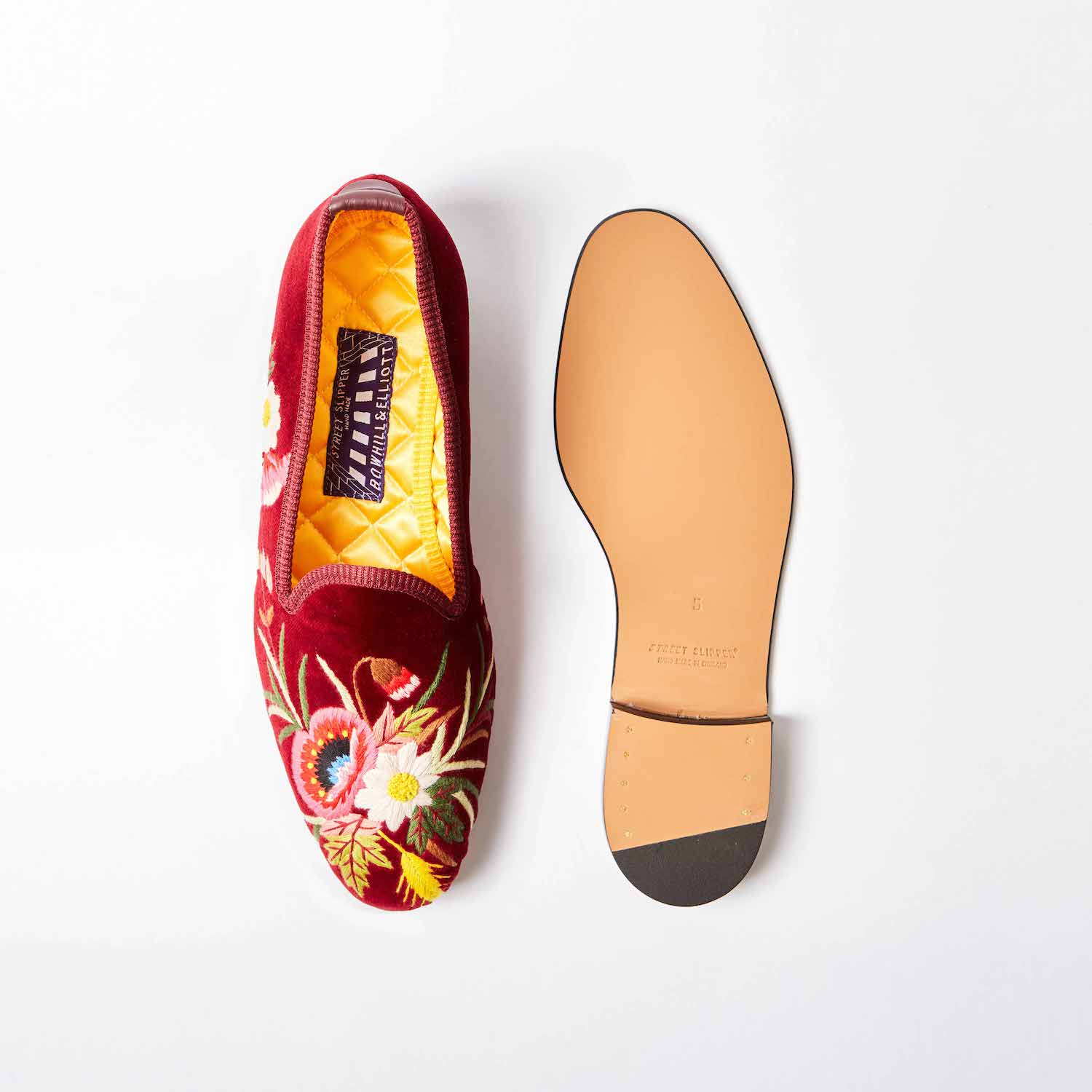 Claret Velvet Venetian Slippers with Embroidered Poppies