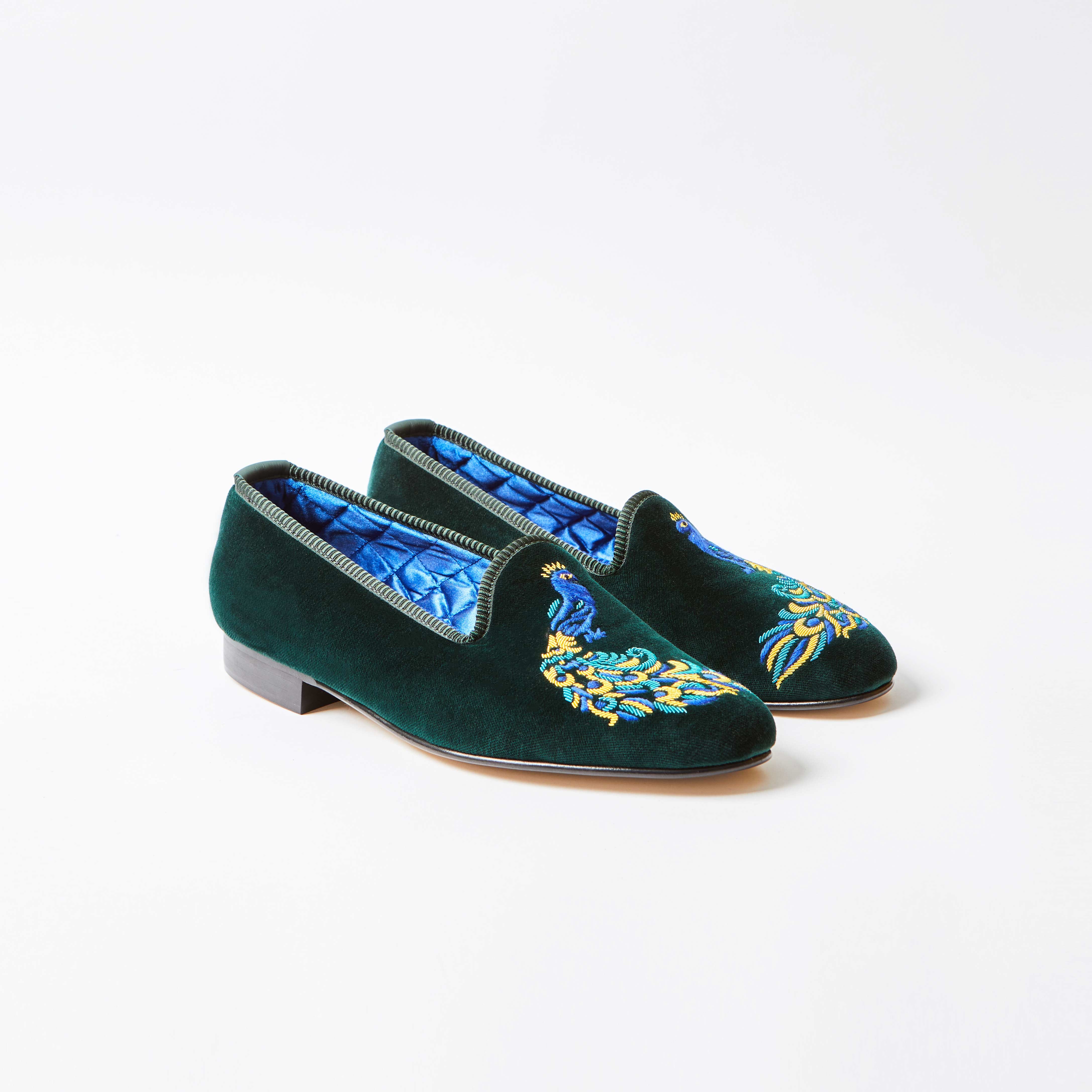 Green Velvet Venetian Slippers with Embroidered Peacock