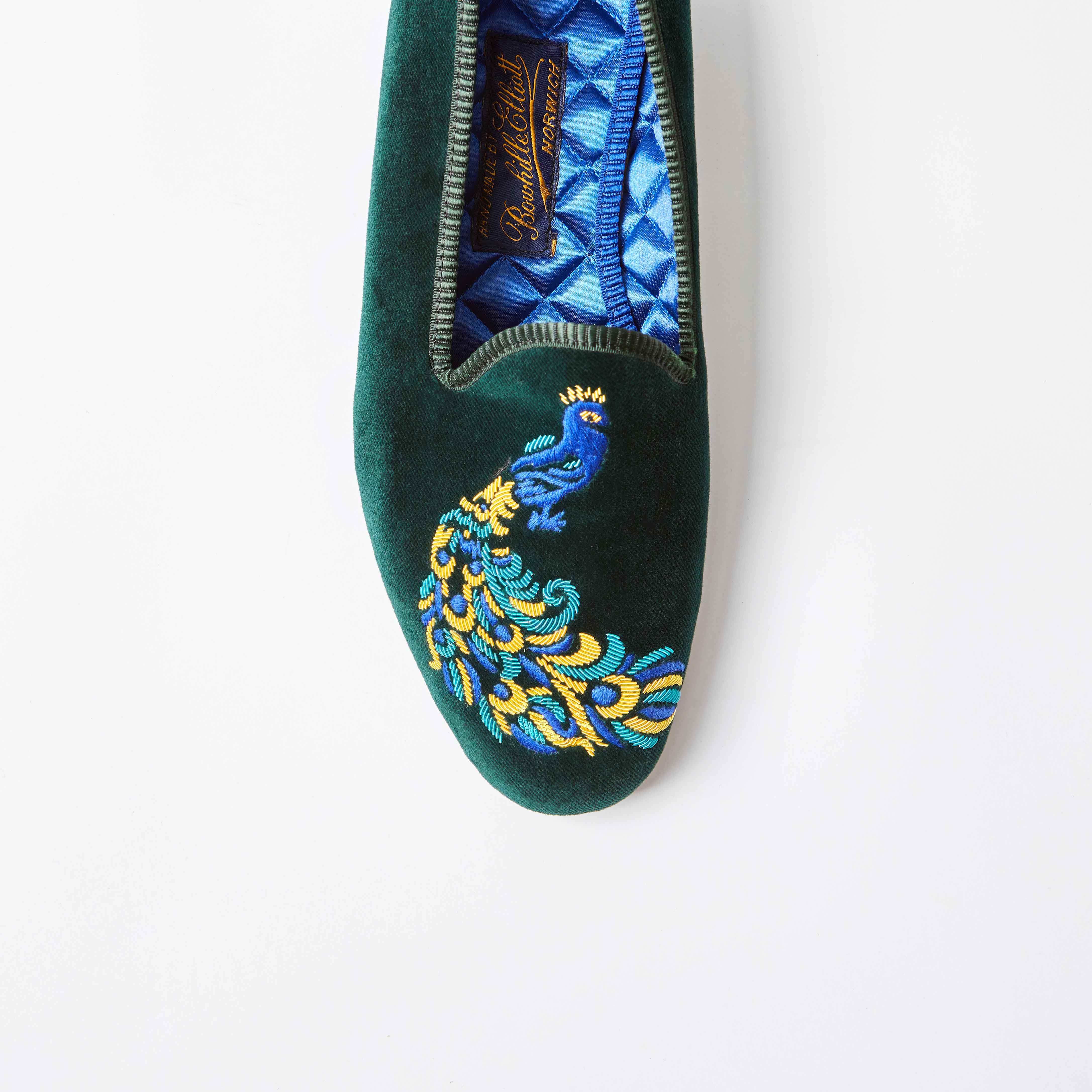 Green Velvet Venetian Slippers with Embroidered Peacock