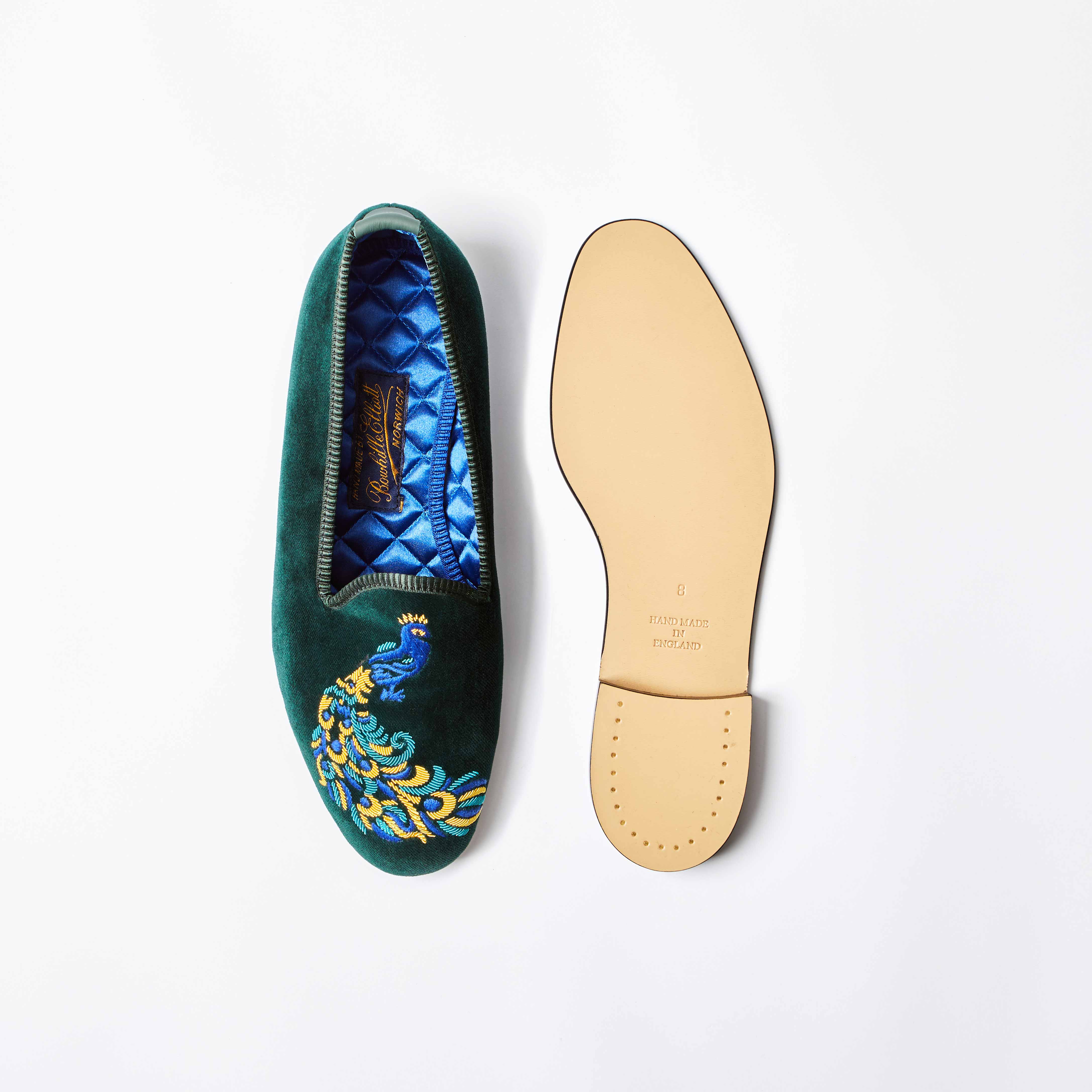Green Velvet Venetian Slippers with Embroidered Peacock