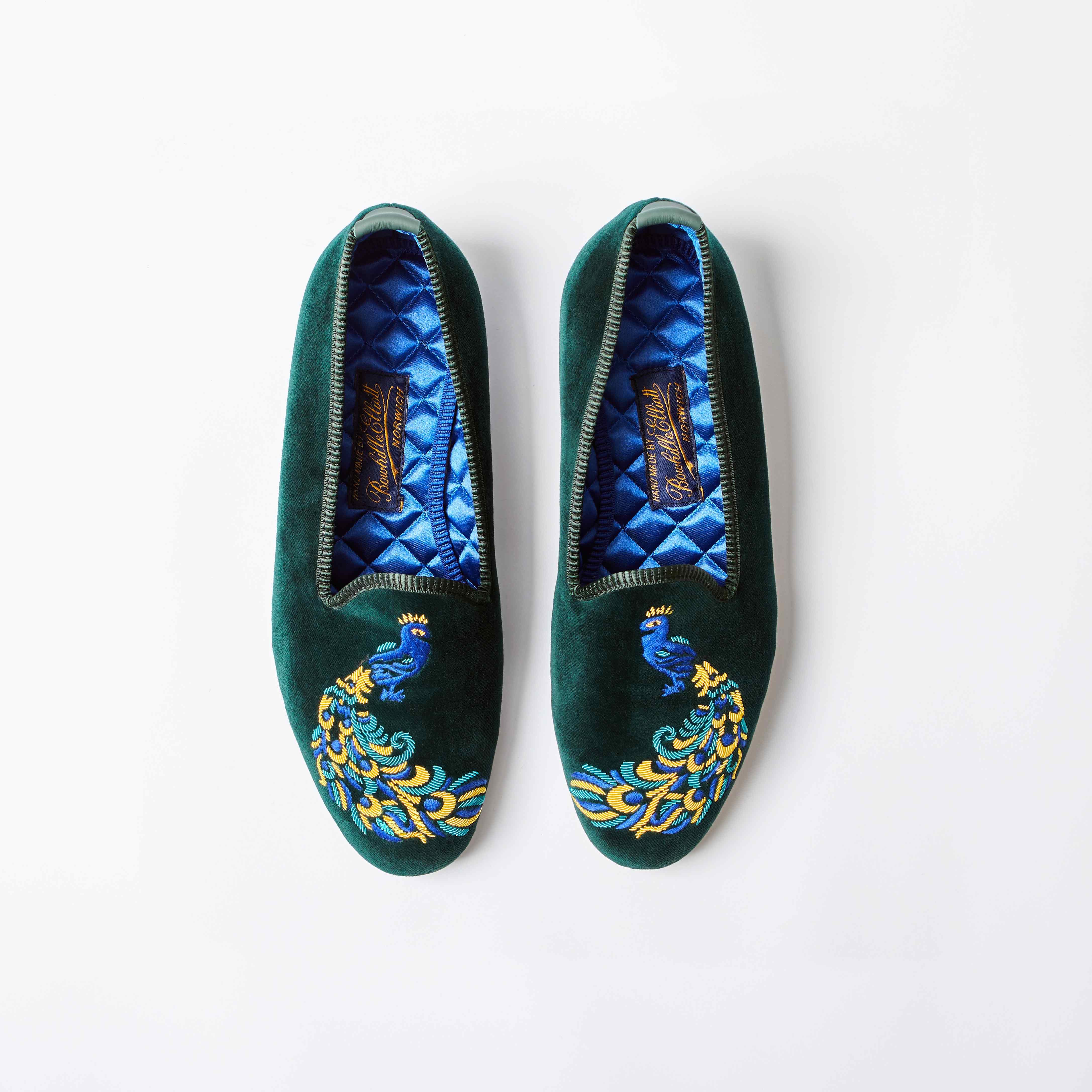 Green Velvet Venetian Slippers with Embroidered Peacock